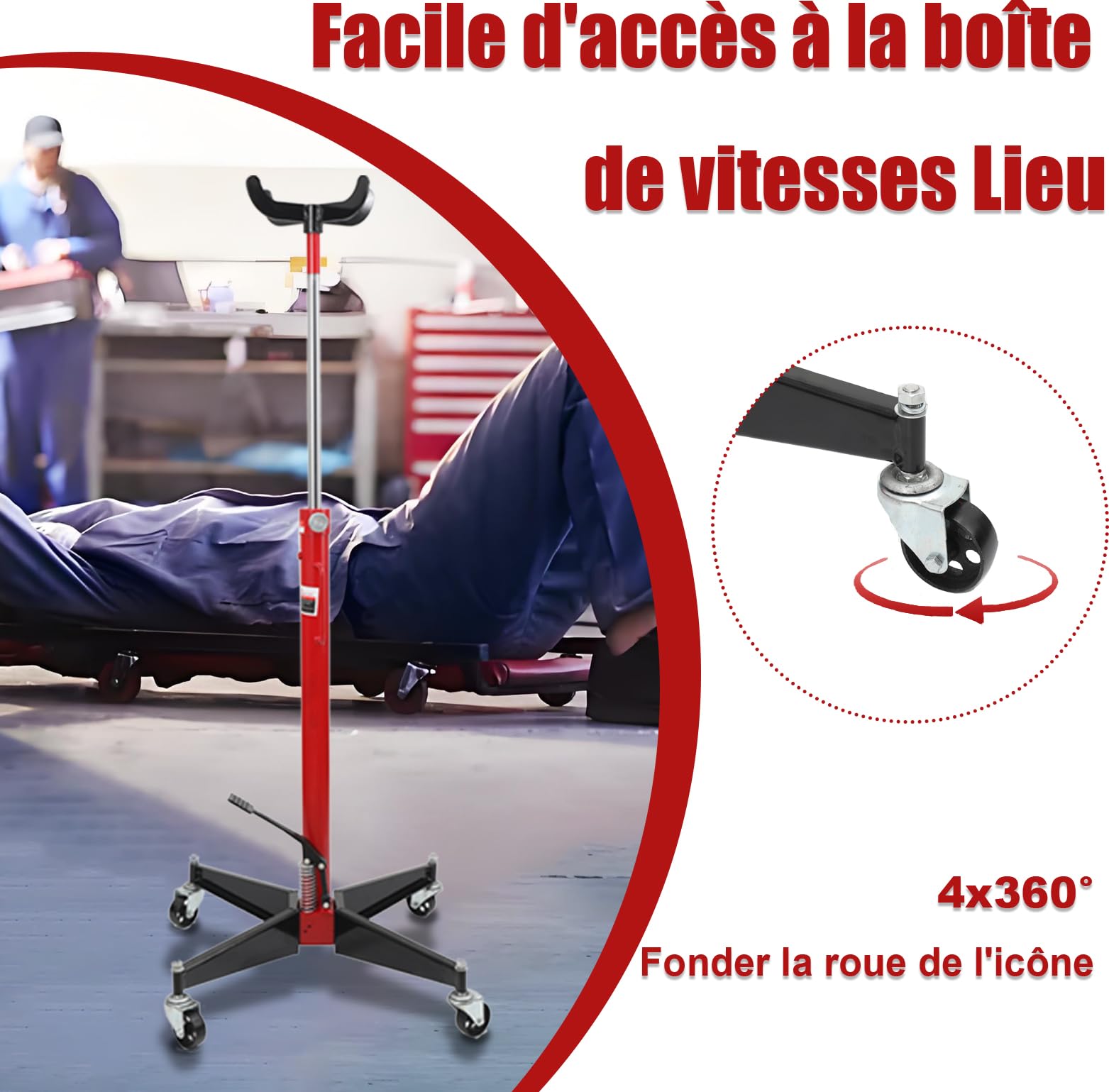 Vérin de Fosse pour Boîte de Vitesse Cric Transmission Hydraulique Appareil Levage Moteur 500kg Jack avec Rouleaux à Quatre Roues pour Voitures et Camions, Hauteur de Levage 113-186cm