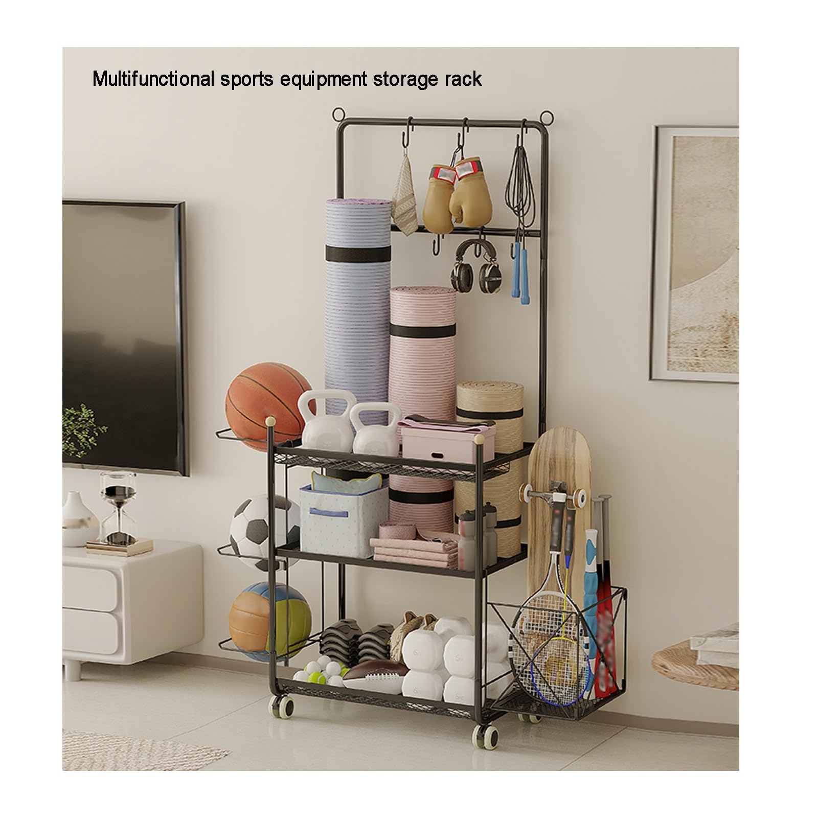 Organiseur d'équipement de sport de garage, support de rangement verrouillable pour tapis de yoga, rouleau en mousse, sangle de yoga, bandes de résistance, (blanc, 97 x 35,7 x 145 cm)