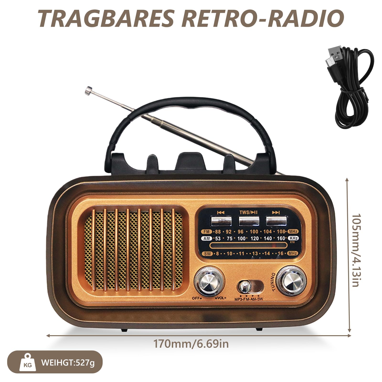 Radio portátil retro con Bluetooth, AM/FM/SW radio de maleta solar funcionamiento con batería/funcionamiento con pilas D, altavoz radio de cocina con panel solar soporte para móvil compatible con