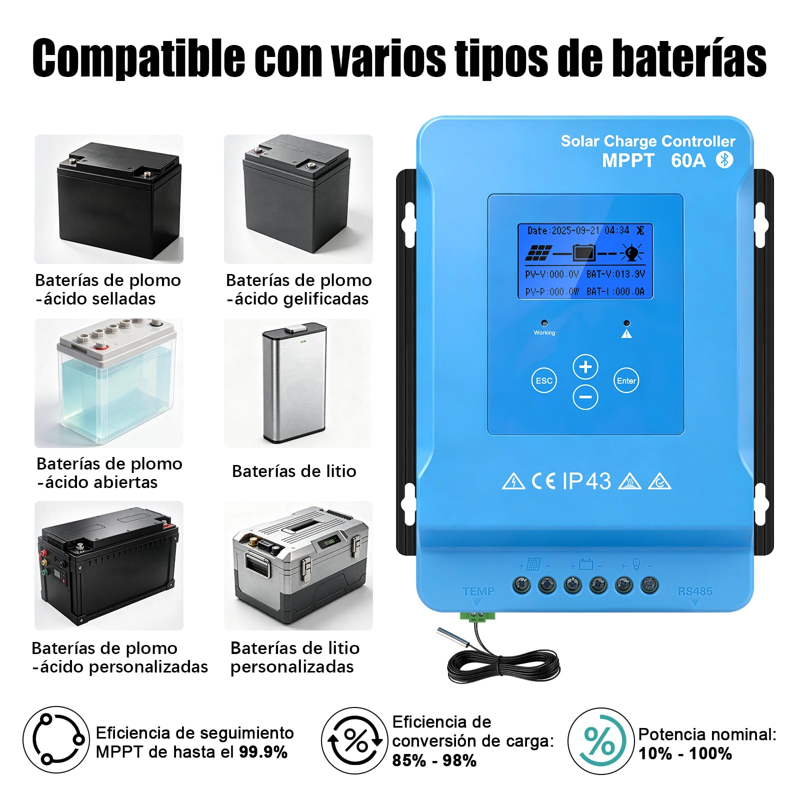 150V 60A MPPT Controlador de Carga Solar, Bluetooth Regulador Solar 12V24V