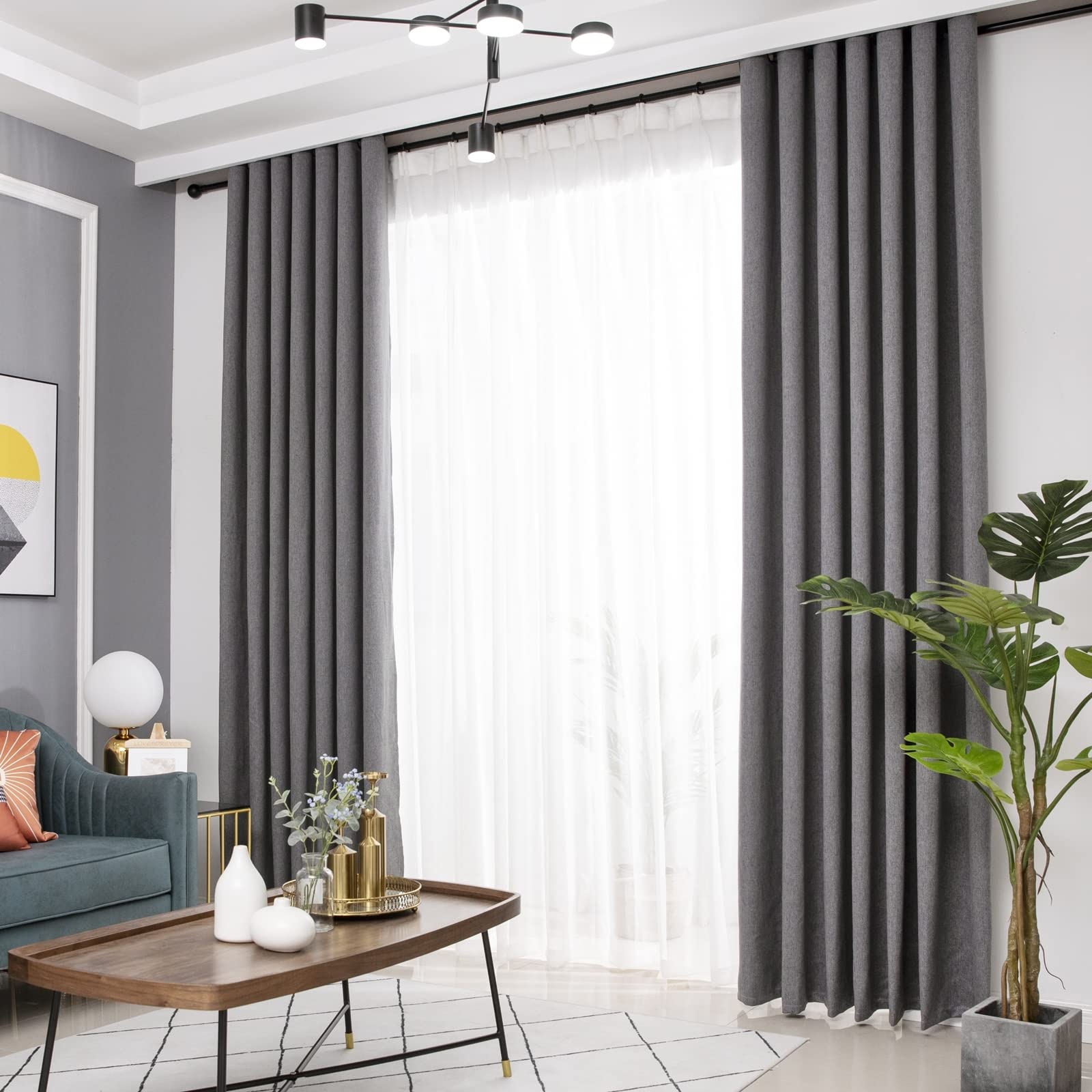Vorhang Gardinen Schlafzimmer 2er Set, Leinen Verdunkelungsvorhänge mit Ösen Gardinen Wohnzimmer Dunkelgrau 132x244CM