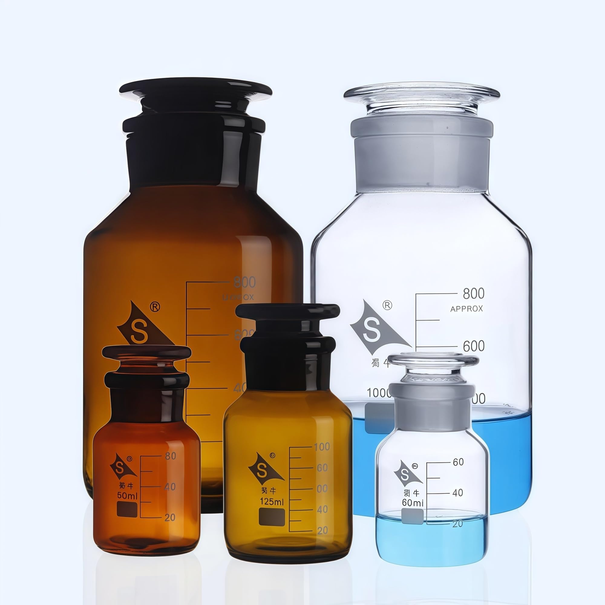 Brązowa/przezroczysta butelka na odczynniki ze szkła zwykłego z szeroką szyjką i korkiem szlifowanym, fiolki na próbki laboratoryjne (500 ml, brązowa)(250mL 2pcs)