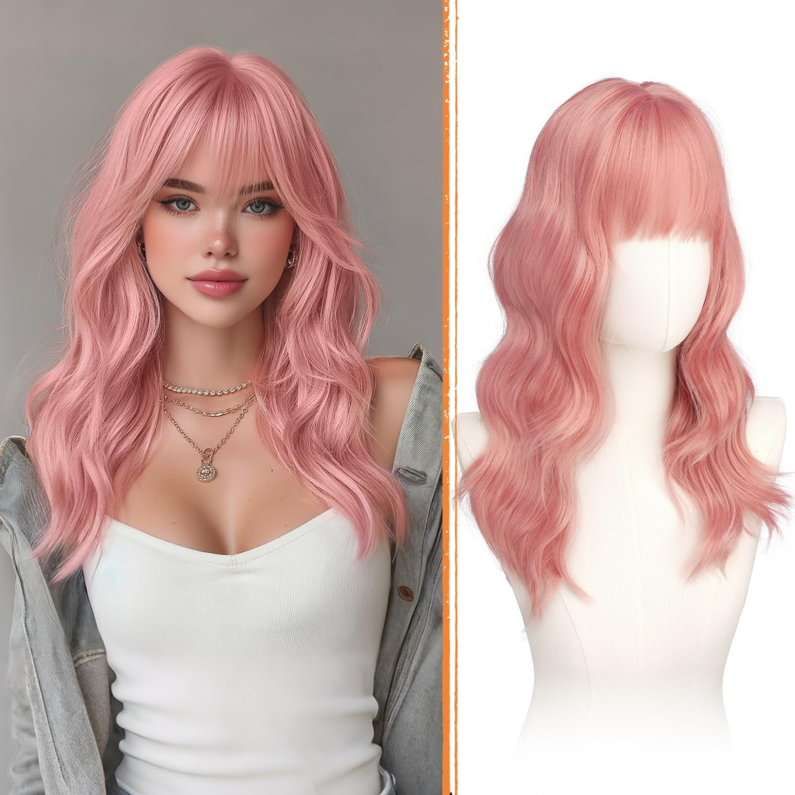 Photo 1 of Haloo Pink Wigs with Bangs - 20 Inch Long Soft Wavy Natural Looking Synthetic Heat Resistant Hair Wig for Women Daily Party