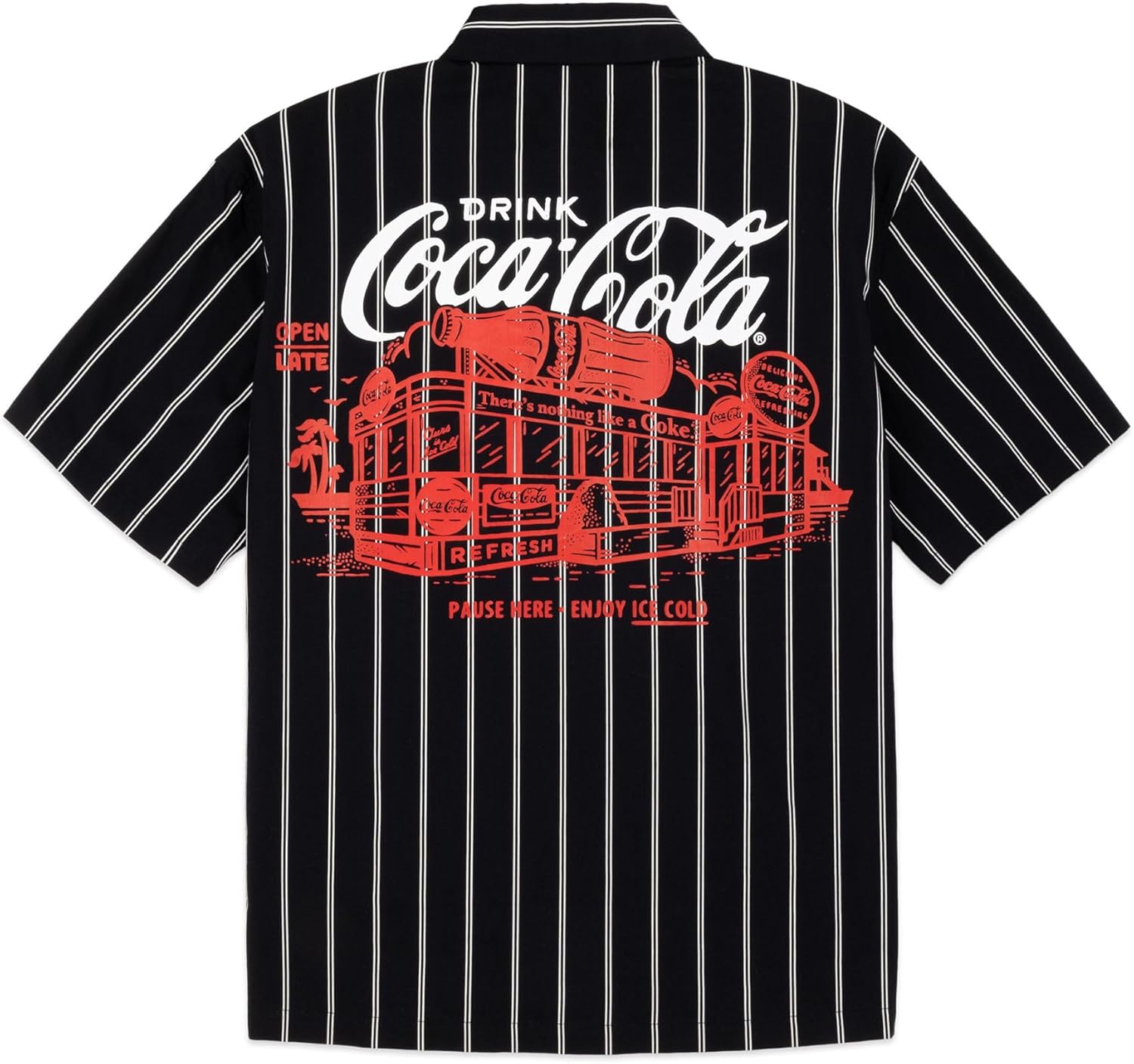 Coca-Cola Retro Pin-Striped Button Down Workwear Shirt - Officially Licensed Coke Heritage Short Sleeve Collared Woven Top