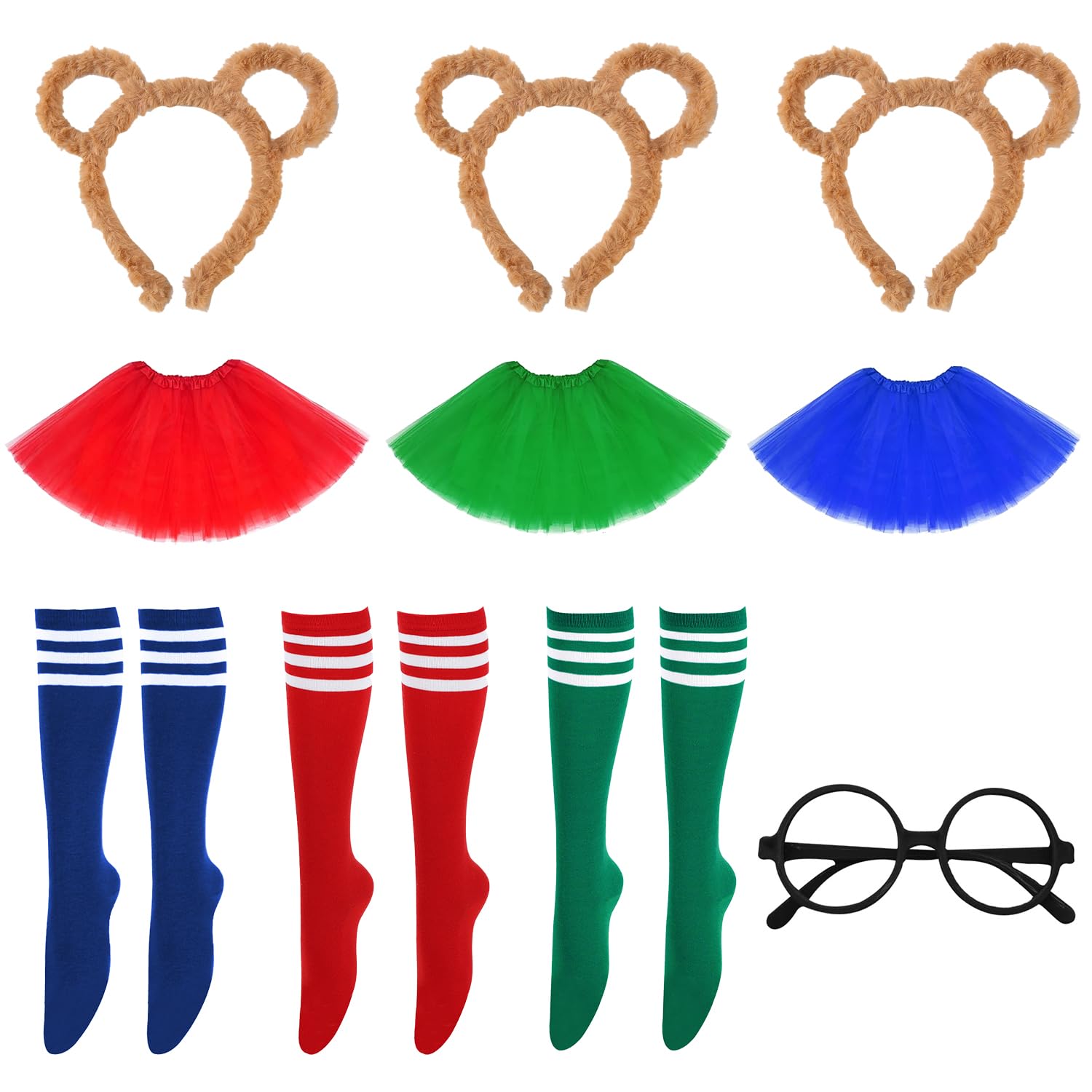 XNHIU 10pcs Chipmunks Costumes Set Plush Chipmunk Ears Headband Tutu Dress Black Round Frame Glasses Knee-High Socks Animal Costumes for Cosplay Halloween Party
