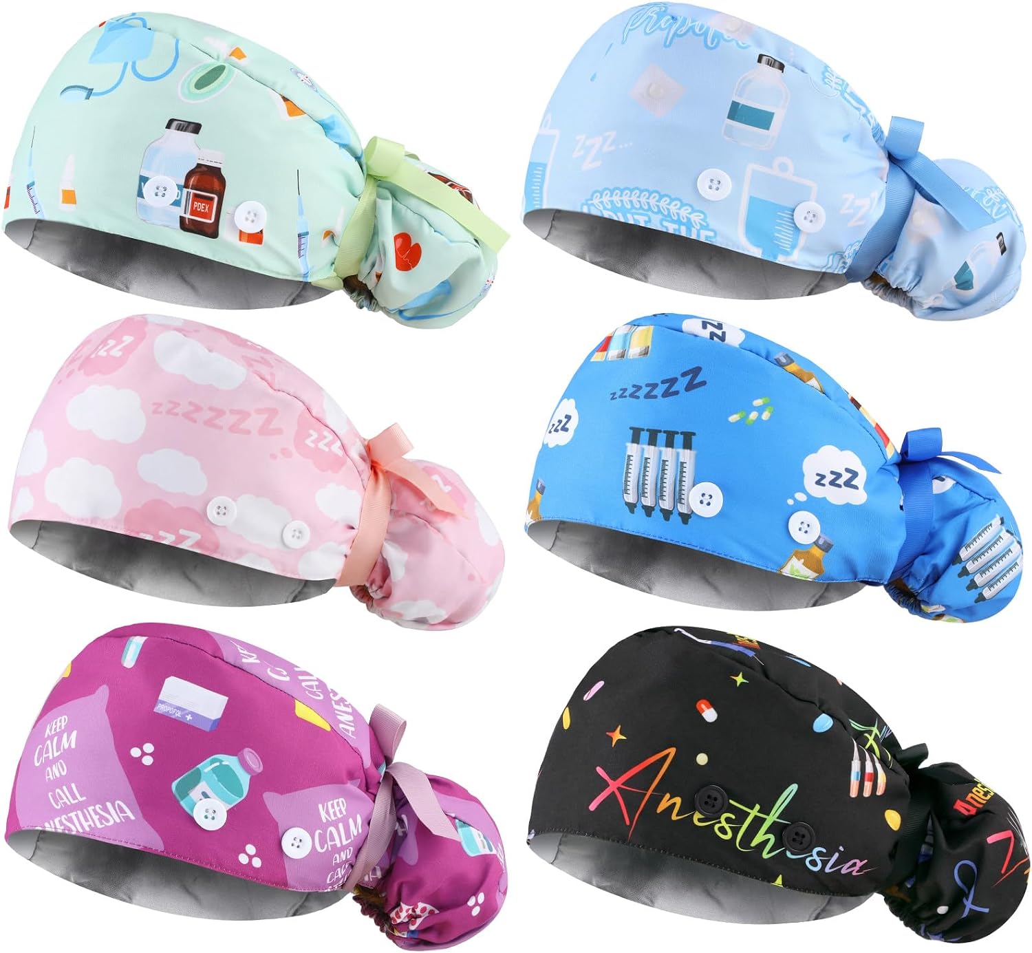 6 Pcs Scrub Caps Satin Lined Women Surgical Hat