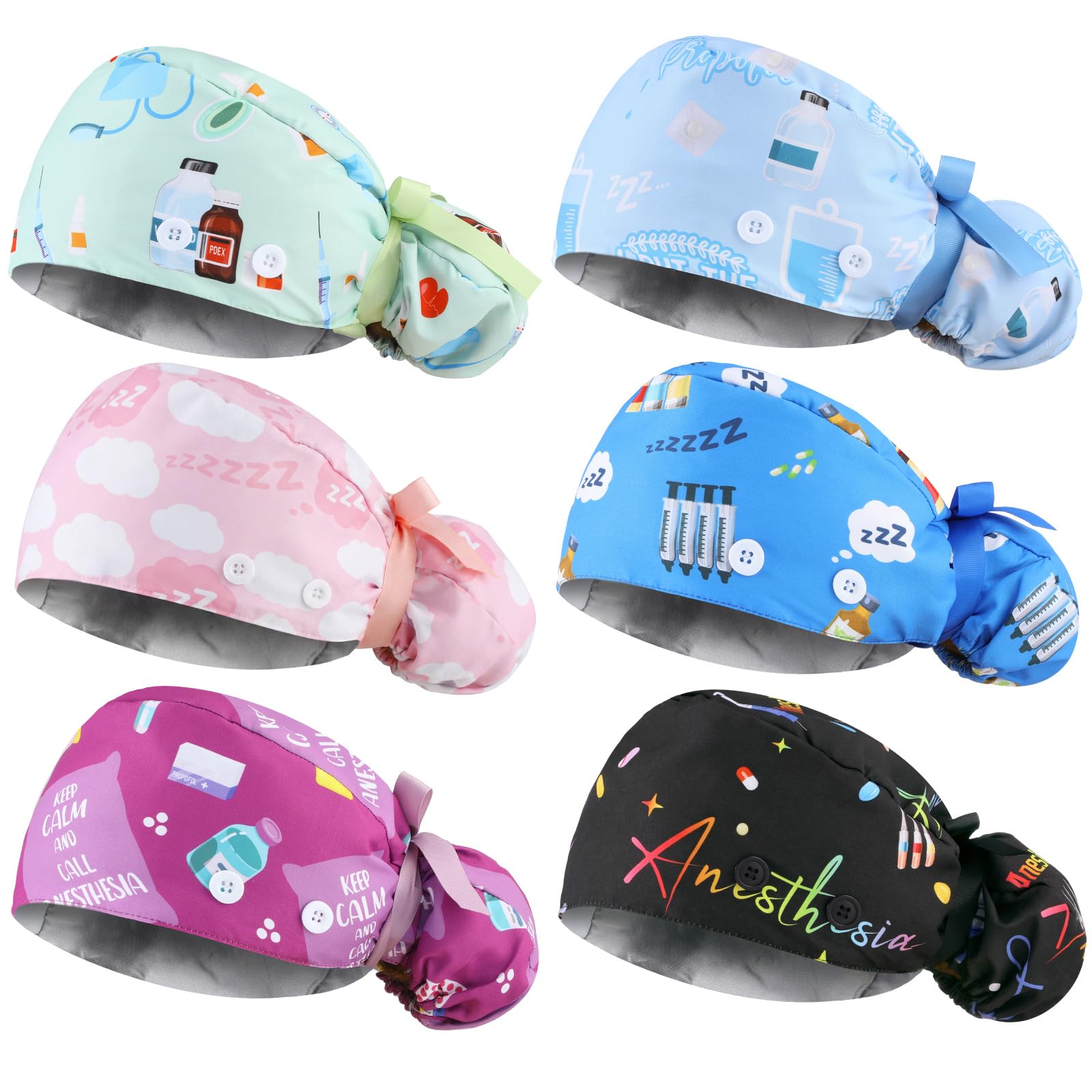 6 Pcs Scrub Caps Satin Lined Women Surgical Hat Anesthesia Theme