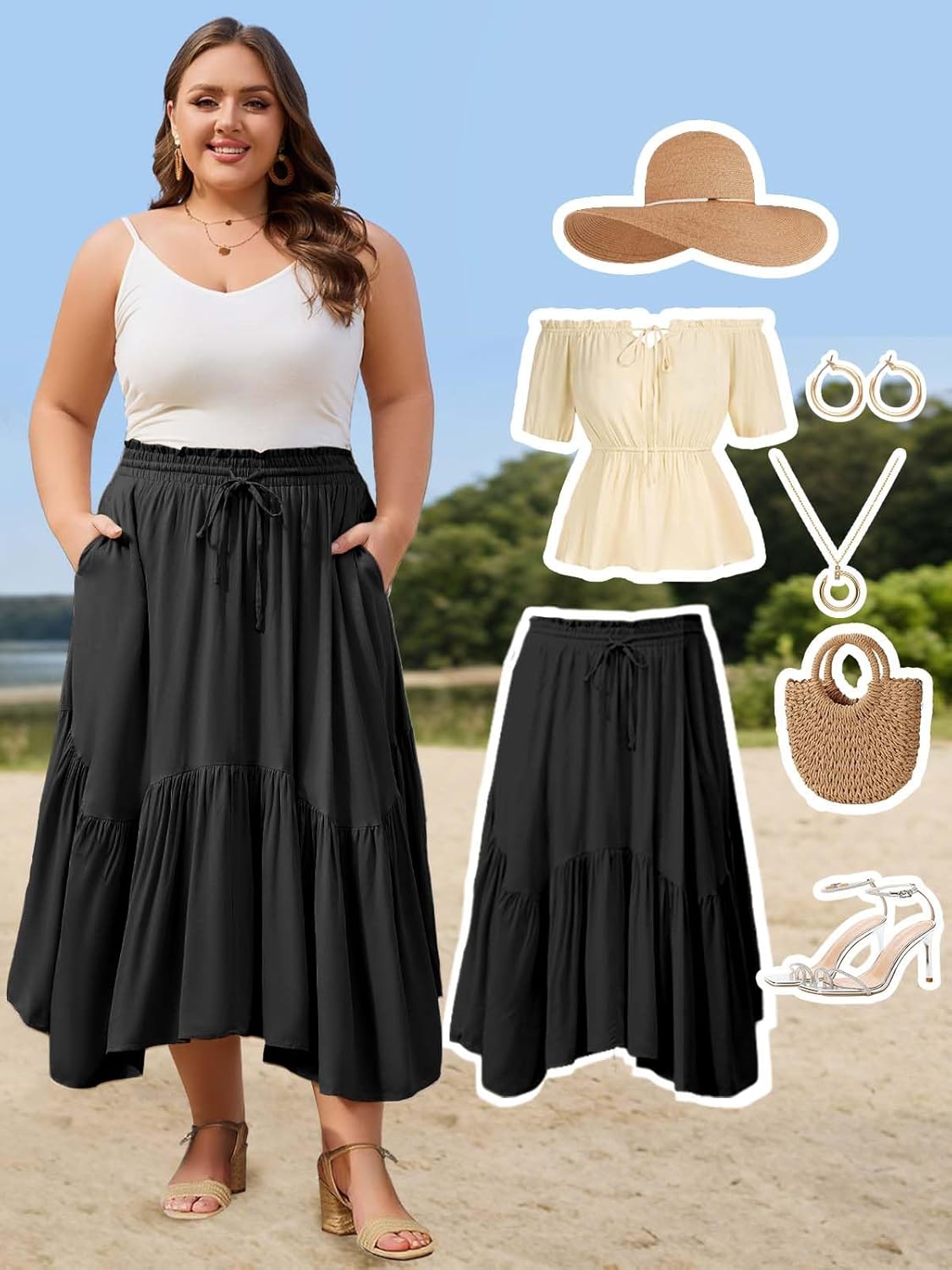Moon Wood Women's Plus Size Maxi Skirt High Waisted Ruffle A-Line Renaissance Asymmetric Skirts with Pockets for Beach Travel - Image 6