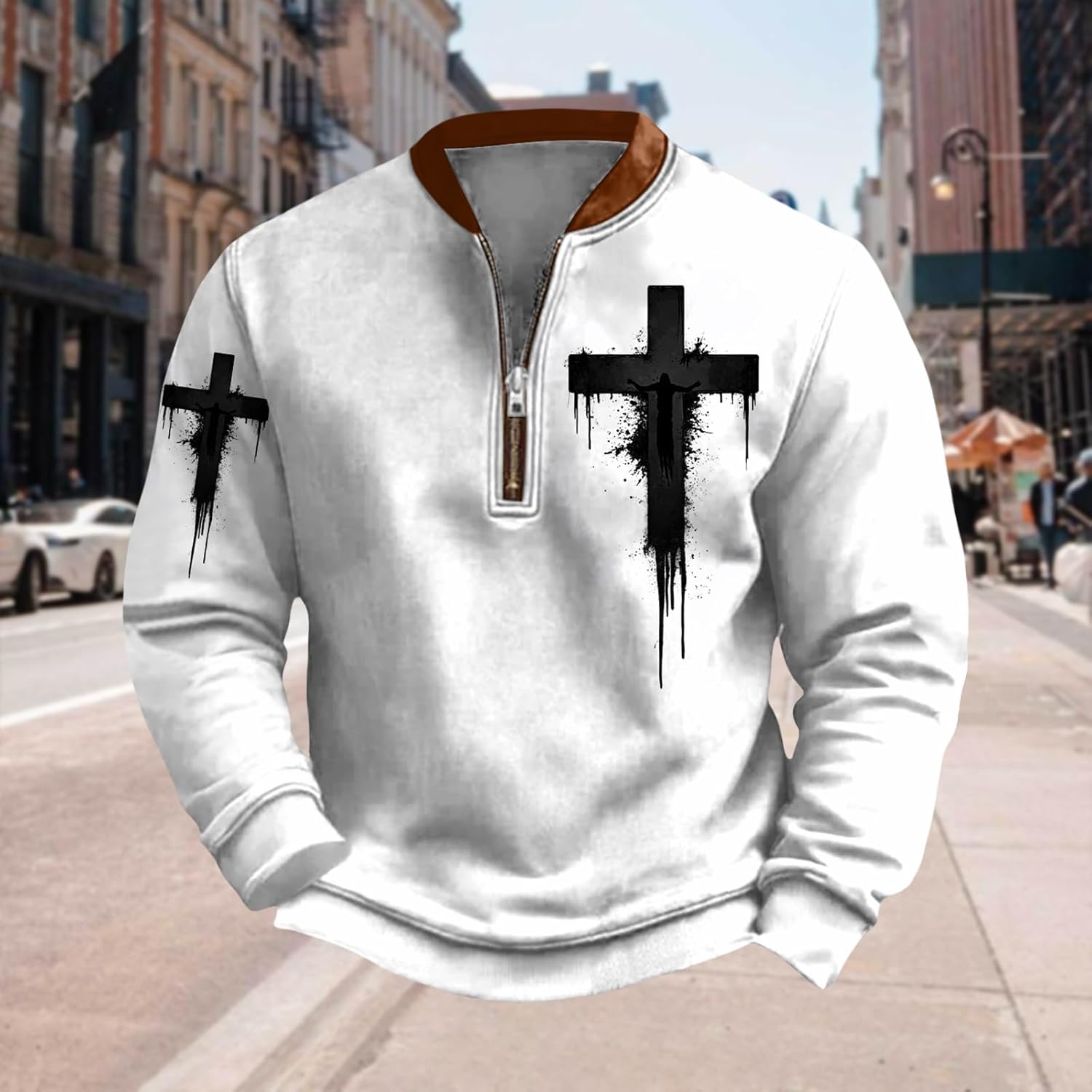Bengbobar Mens Christian Faith Sweatshirts 1/4 Zip Pullover Jesus Cross Long Sleeve Shirt Retro Vintage Sweatshirt for Men - Image 2