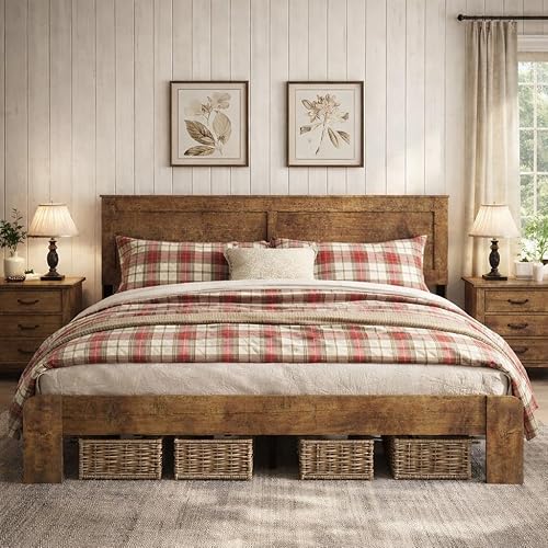 Wooden Bed Frame King Size with Headboard, Farmhouse Platform Bedframe with Wood Slat Support, Sturdy Framework Bed Frame, Easy Assembly (Rustic Brown)