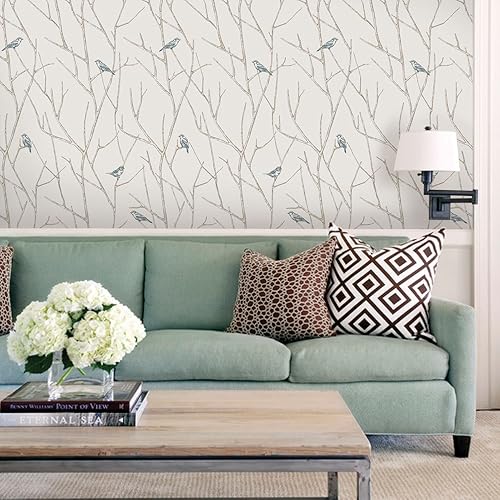Miniatura 2 de Simple Shapes Papel tapiz de pájaros ramales, color azul, 2 pies x 9 pies, individual
