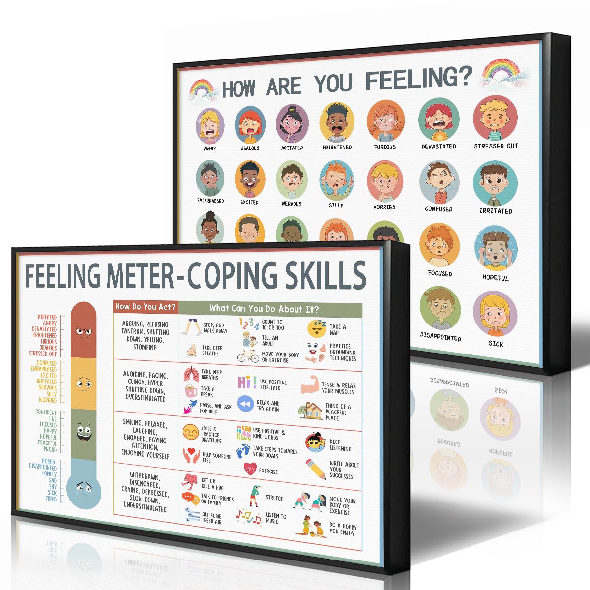 Anslipswar Set of 2 Feeling Chart Poster Canvas, Emotions Coping Skills Wall Art for Kids, Calm Down Corner Mental Health Art Print, School Counselor Psychologist Feeling Chart 40x60cm Wrapped Canvas