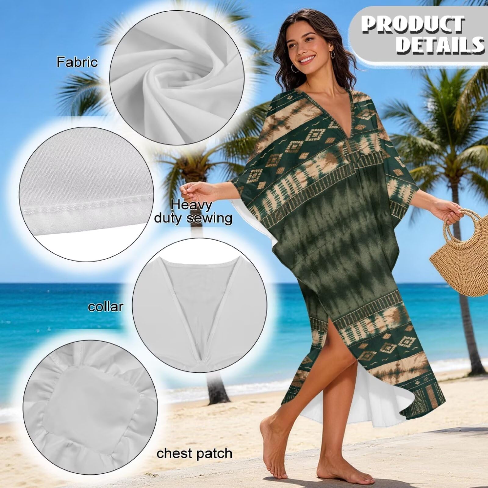 Poceacles Damska sukienka kaftanowa tie-dye wzór plus size sukienka boho z rękawami nietoperzowymi zwiewna kaftan okrycie plażowe