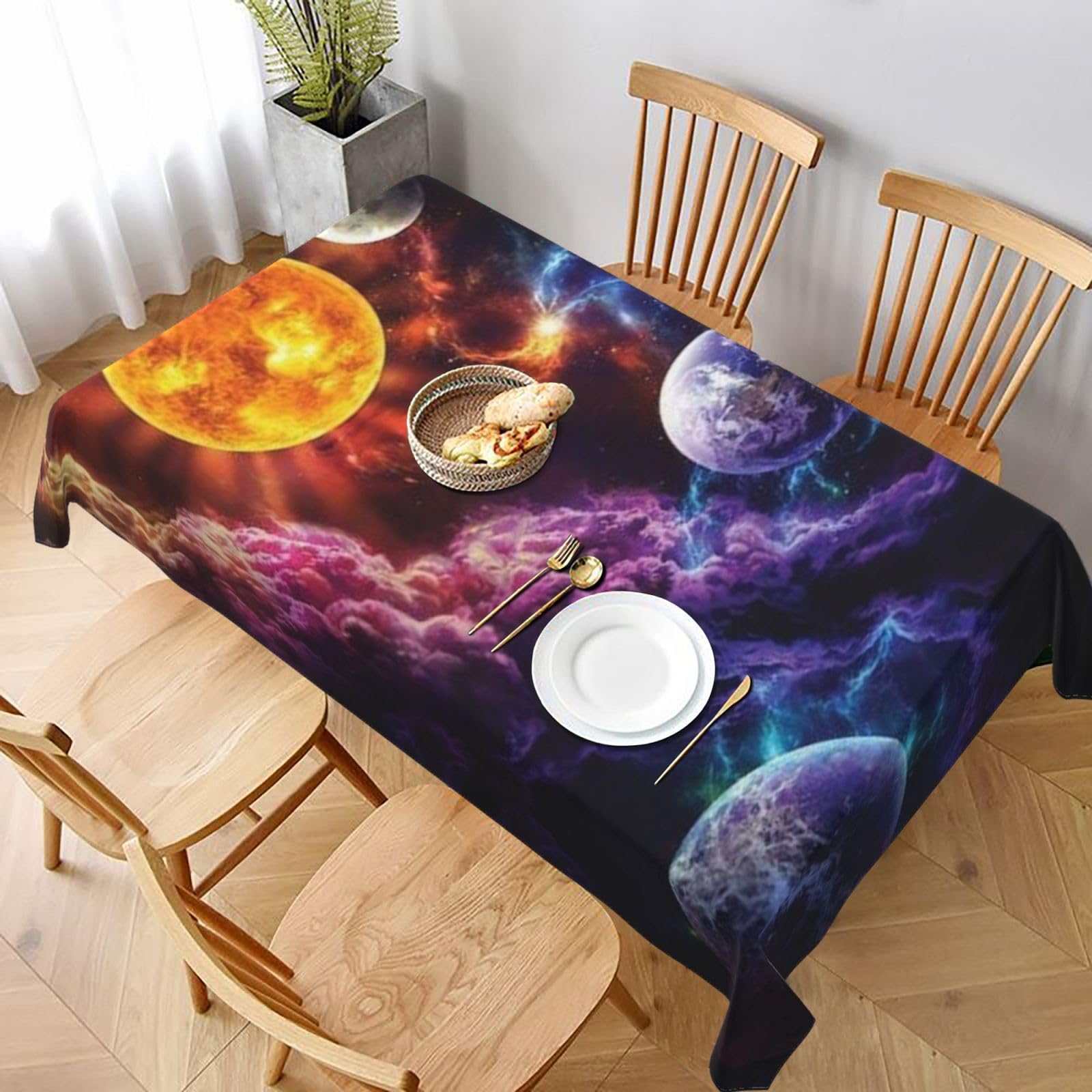 BNVSADC Planet Pattern Printed Rectangle Tablecloth 228x152 CM, Water Resistant Polyester Table Cloth Decorative Fabric Table Covers for Kitchen Dining Table Parties Camping