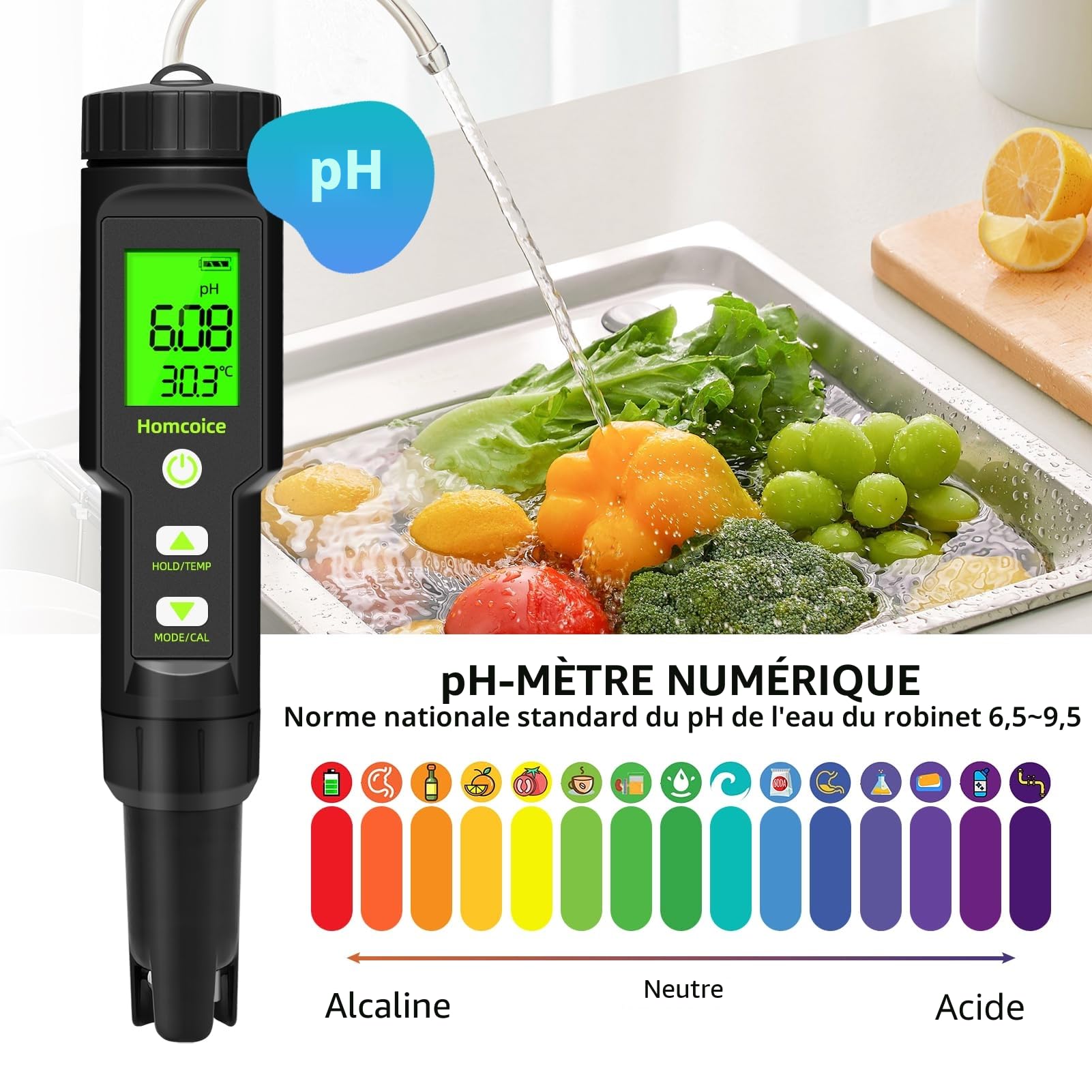 PH Mètre 5 en 1 Salinité TDS EC Température, Testeur pH Piscine IP67 Étanche, 0,01 haute précision Testeur Qualité Eau PH Mètre Piscine électronique avec fonction ATC