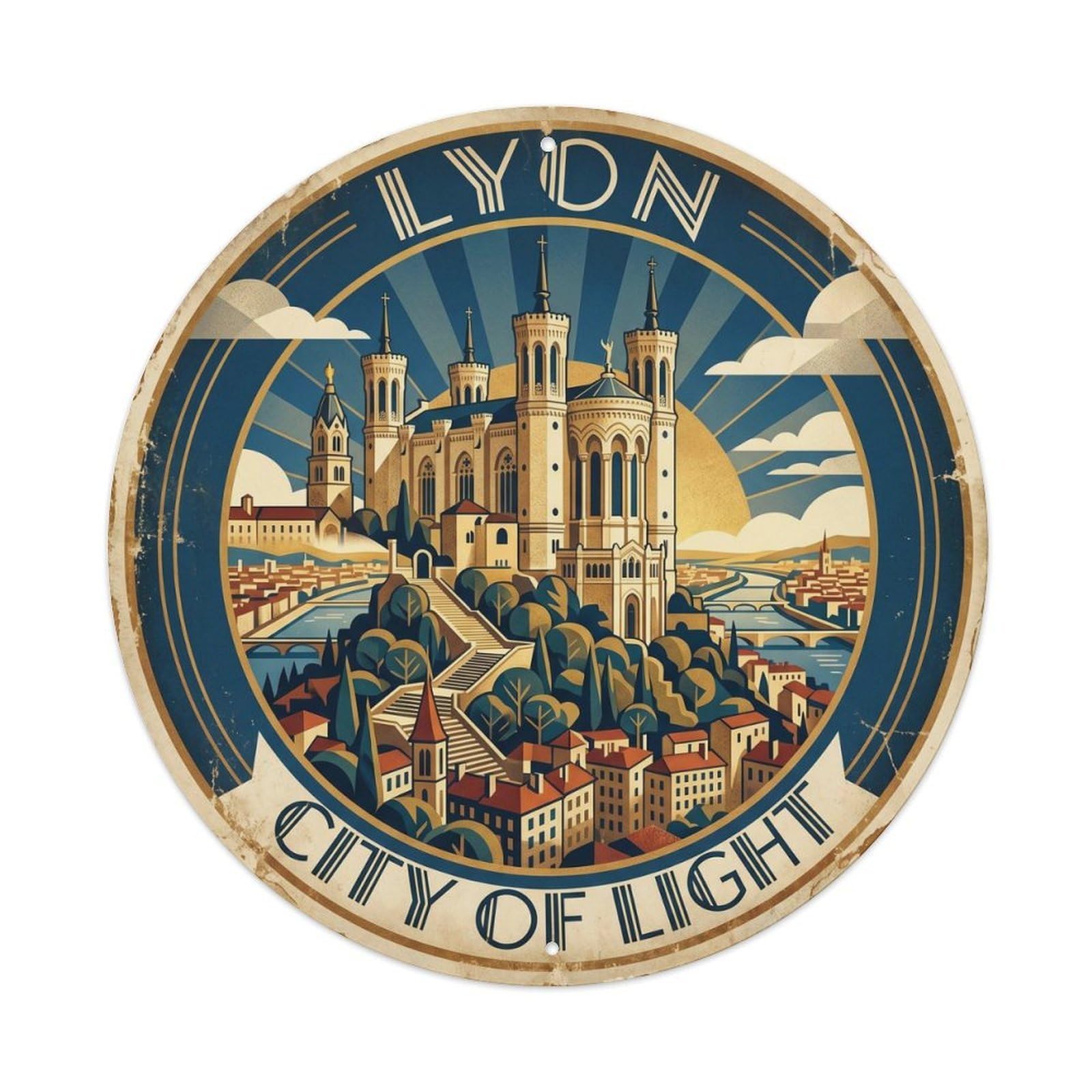 Cmhok Vintage Style Vintage Travel Lyon France Basilica Metal Tin Sign Plaque Wall Decor For Cafe, Club, Garden Round Metal Poster 8X8inch