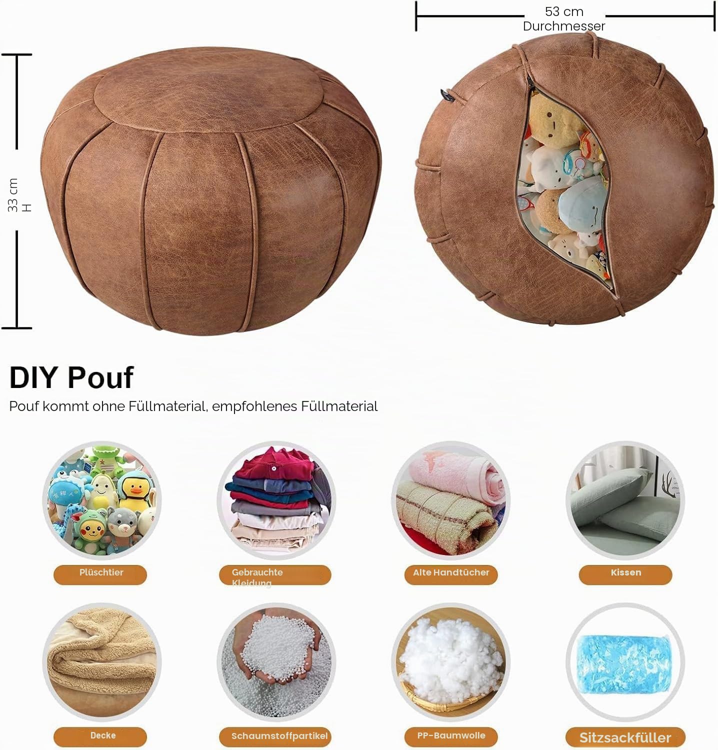 Louis Donné Ungefüllter runder Pouf Bezug, Supersoft handgefertigter Ottoman aus Kunstleder, Sitzpouf mit Aufbewahrung, Fußhocker und Fußstütze für Wohnzimmer, Balkon, Büro und Indoor (Braun)