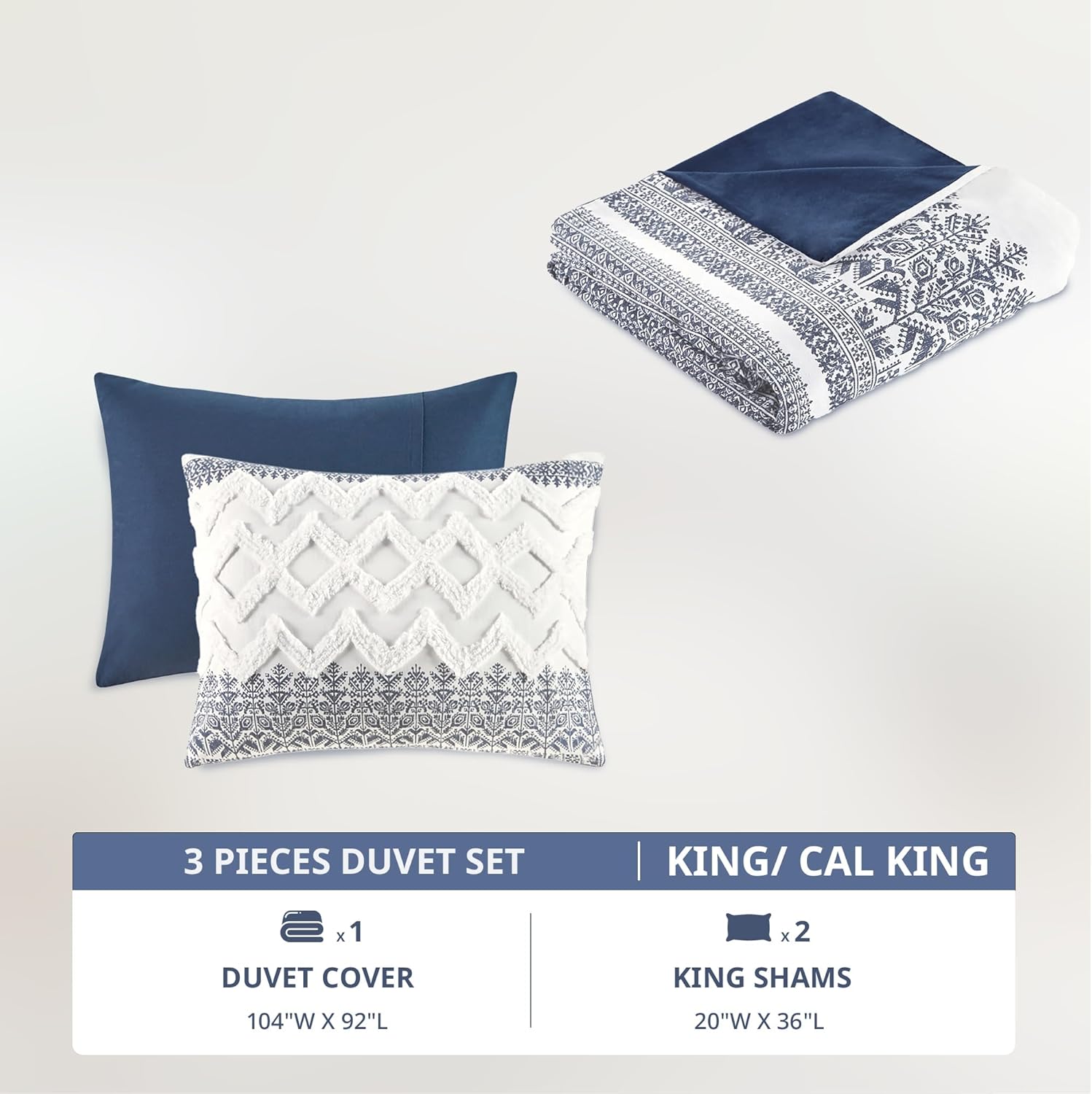 Ink+Ivy King Duvet Cover Set, Chic Chevron Chenille Tufting Accent, Boho Duvet King Set, All Season, Lightweight Cotton Duvet King Set Bedding Cover, 2 Shams, Mila, King/Cal King Navy 3 Piece