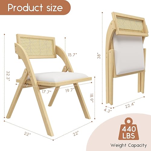 Miniatura 2 de Juego de 2 sillas de comedor plegables color beige, sillas de comedor plegables de madera, modernas sillas de comedor de ratán de cuero de mediados