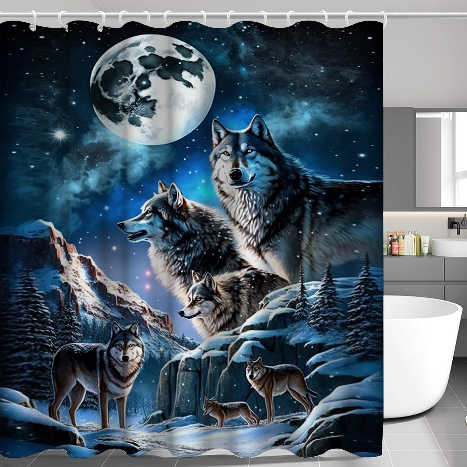 SMchwbc Wolf Shower Curtain 180 x 200 cm 180 x 180 cm Wolves Forest Moon Wolf Animals Shower Curtains Polyester Wild Animals Shower Curtains Waterproof (3.180 x 180 cm (W x H))