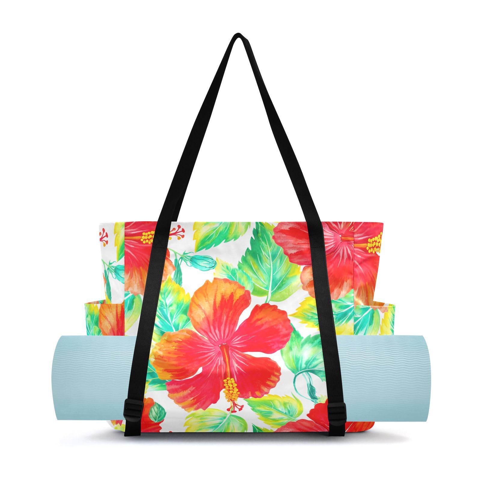 Lxqimora Hibiscus Leaves Watercolor Yoga Mat Bag for Women Water-Resistant Gym Bag with Yoga Mat Holder Tote Bag for Office Travel Yoga Pilates