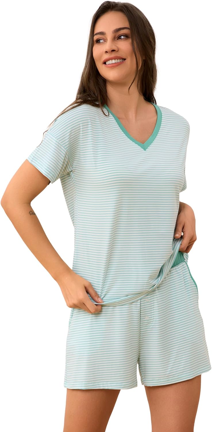 LazyCozy Striped Pajama Set for Women, Viscose Made from Bamboo, Short Sleeve Shirt with Sleep Shorts Soft PJ Set