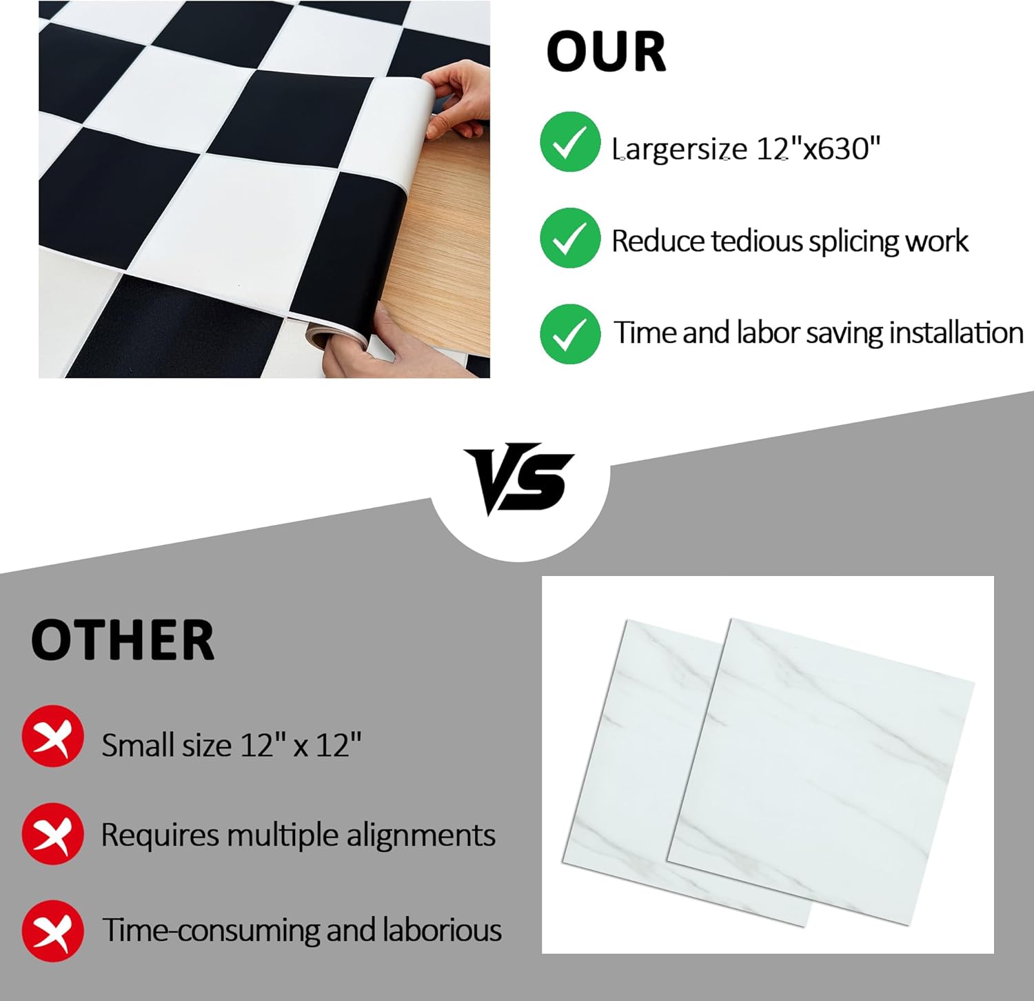 Lareko 52 Sq.Ft Black and White Peel and Stick Floor Tile – 630" Length 12" Width Roll - Self-Adhesive Vinyl Flooring Tiles Waterproof, Wide Plank for Easy Installation, Bathroom, Kitchen