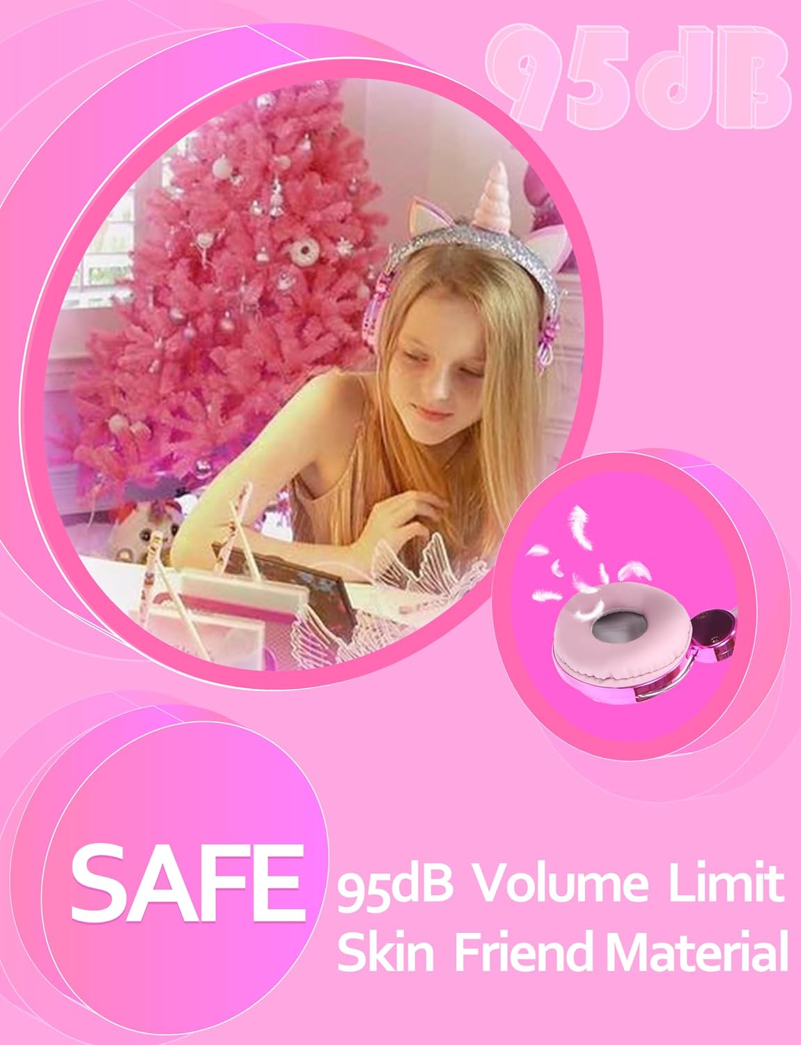 Kids Unicorns Headphones with Mic for School/Travel,95dB Volume Limited,Shareport,On/Over Ear Wired Headsets with Nylon Cable-Purple image 5