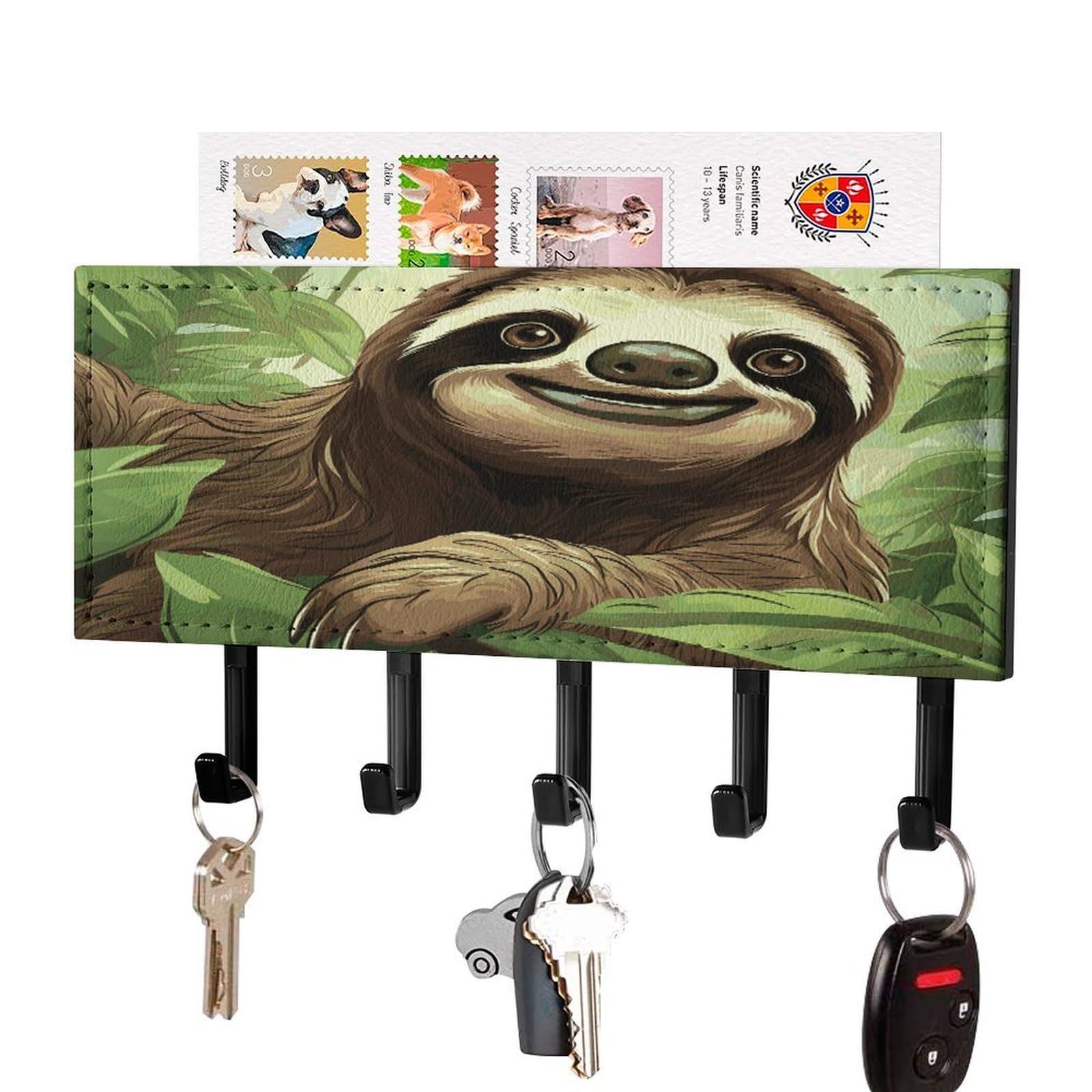 LDGSUPH Sloths Background1 Key Holder Wall Mount Key Hanger with 5 Hooks Fashion Key Organizer Rack Hanging Key Hooks with Mail Organizer Key Rack for Home Entryway Hallway Black-Style
