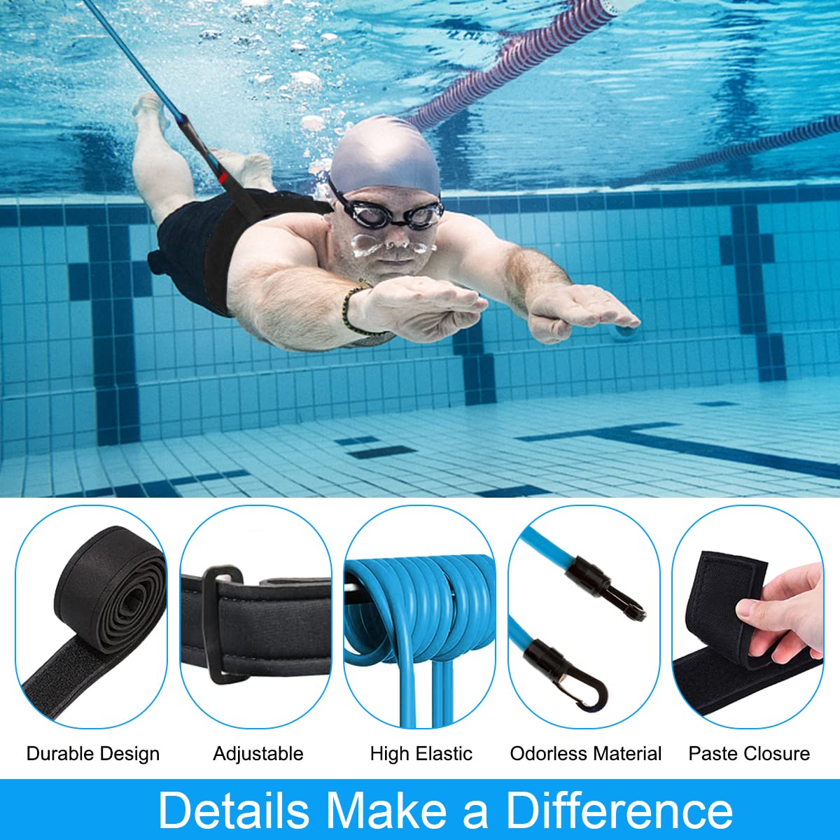 Schwimmgurt für Pool, Einstellbare Pool Schwimmgürtel Schwimmwiderstand Gürtel Schwimmtrainer, Widerstandstraining Schwimmtraining Bungee Schwimmgürtel für Jeden Pool Geeignet