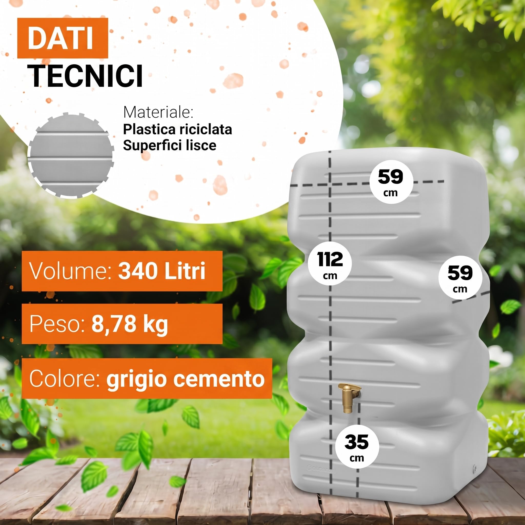 GARANTIA CUBUS serbatoio da giardino set completo 340 litri grigio cemento incl. rubinetto in plastica e raccordo pluviale - pronto al collegamento - design compatto elegante - riempimento automatico