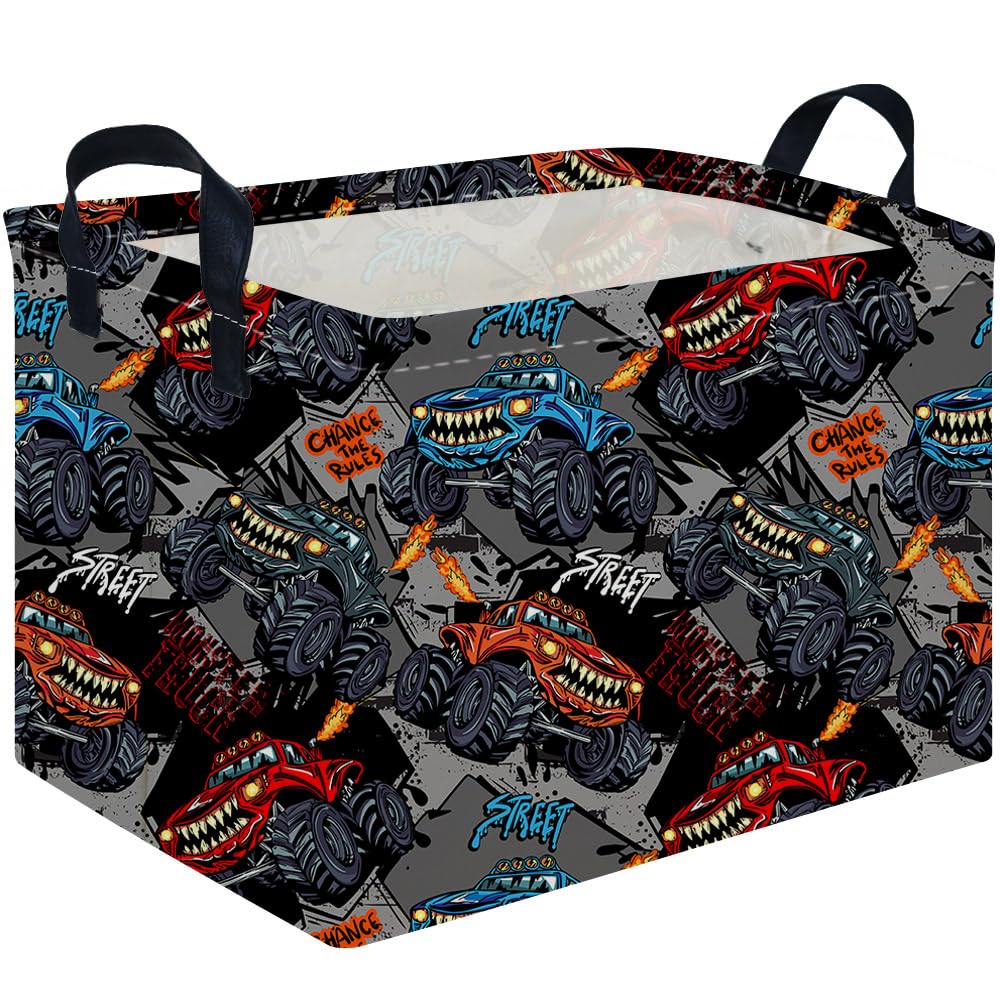 Rectangular Cool Car Basket,Monster Truck Storage Box,Waterproof collapsible basket for boy,Cute Baskets with Handles for Room Decor,Gift Baskets(Car)