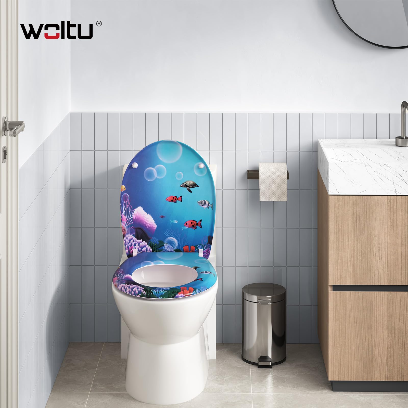 WOLTU Sedile WC con abbassamento automatico, motivo sedile WC con funzione Quick Release e, coperchio WC di alta qualità, in termoindurente, pesce