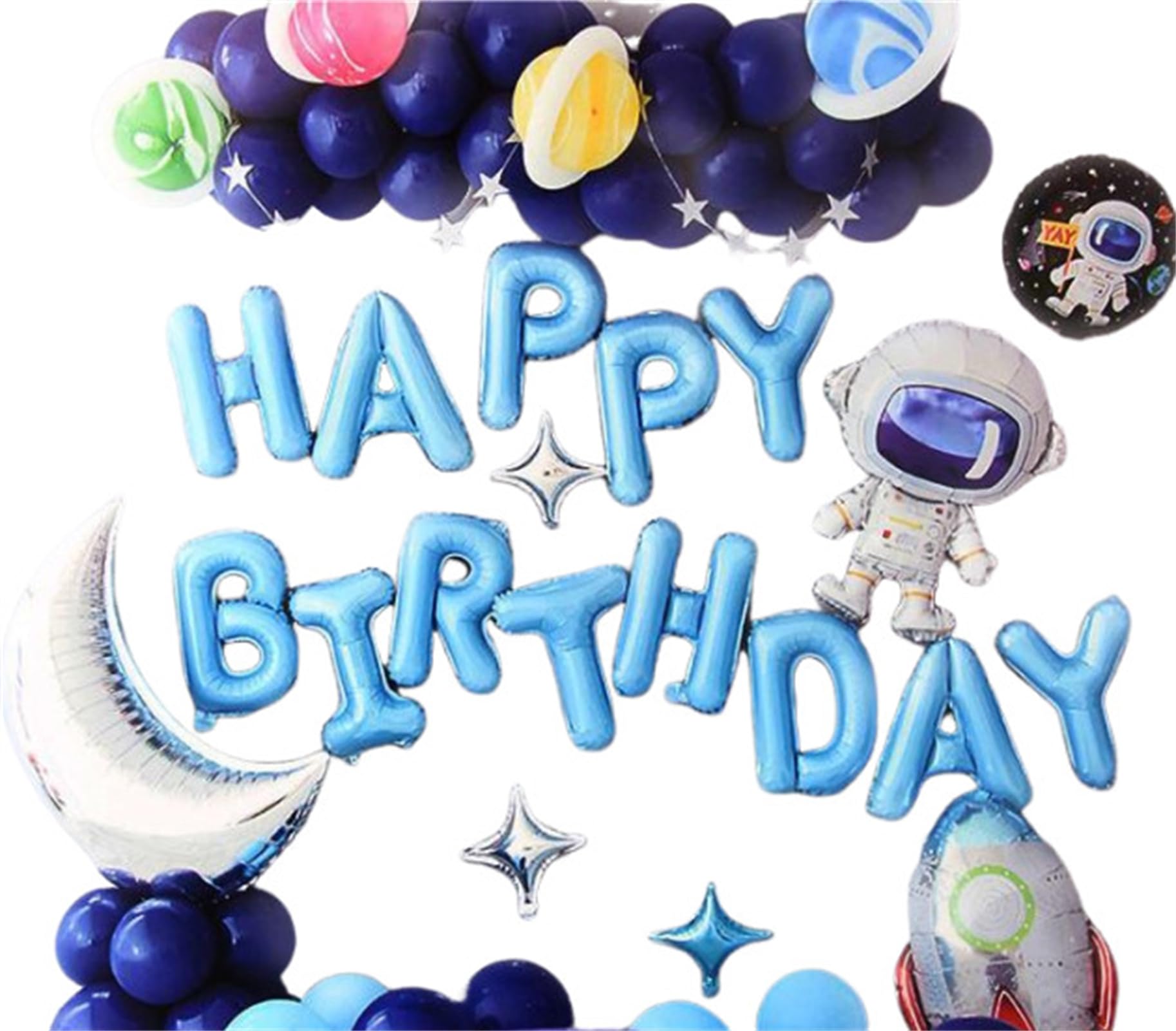 PfylinqoOuter Space Blue Happy Birthday Decoration Supplies, Astronaut Theme Balloons Kit Navy Blue Silver Foil Latex Balloons for Boys Kids Birthday Party