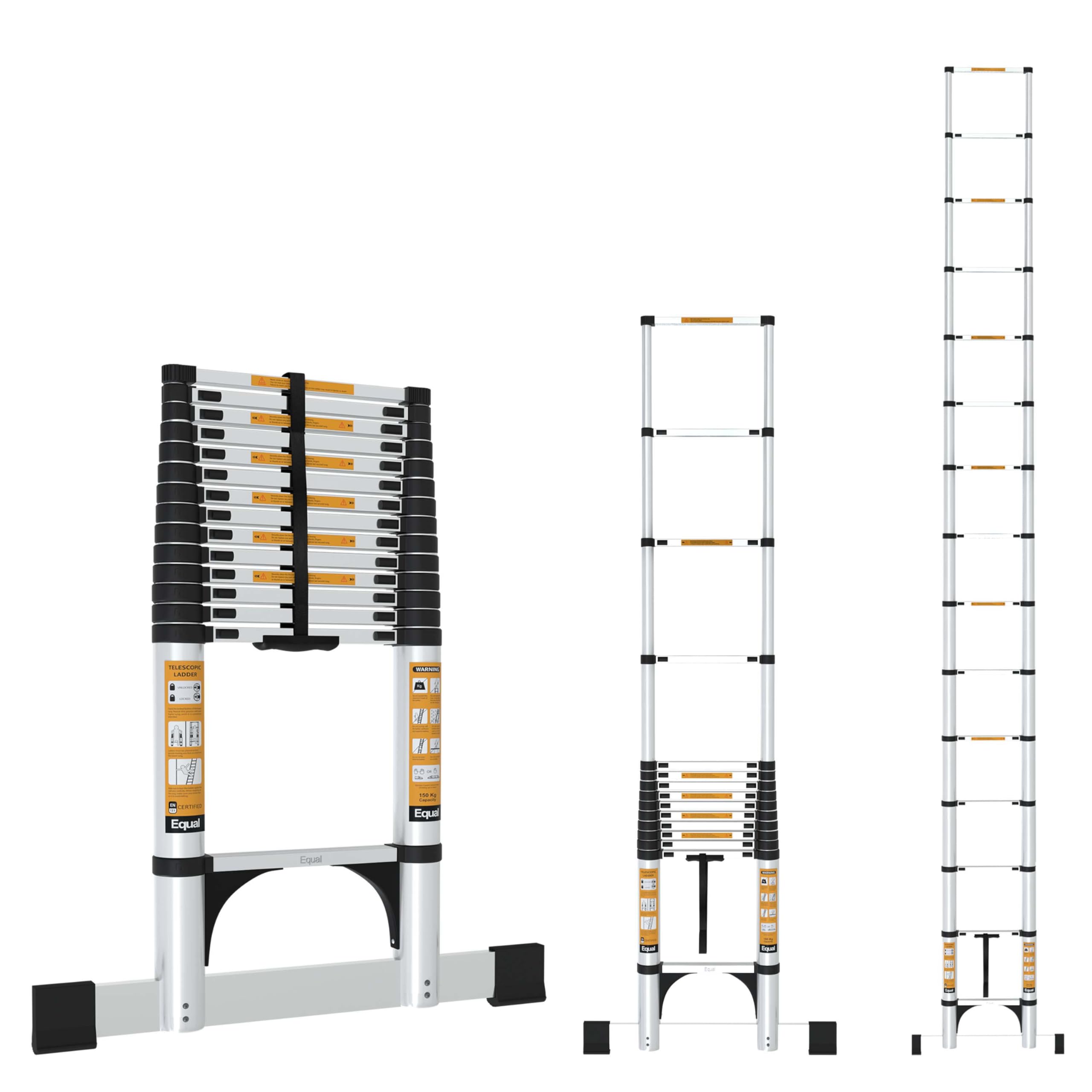 Equal 22.6 FT Portable & Compact Foldable Aluminium Telescopic Ladder | 2 Triangle Stabilizers | EN131 Certified | 2-Year Warranty | Heavy-Duty Ladder for Industrial & Commercial Use (6.9m / 15 Steps)