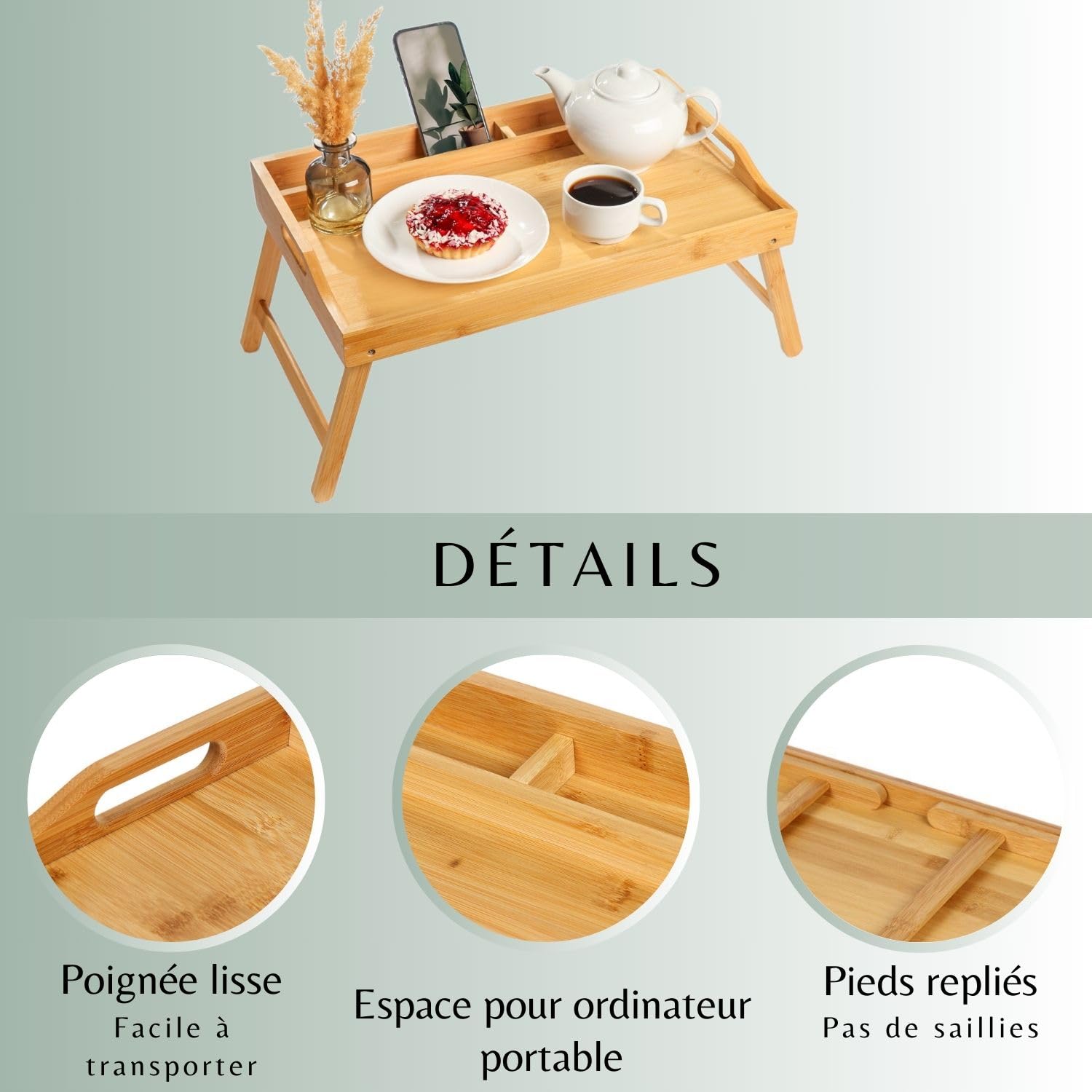 Daniks Plateau de Lit en Bois avec Pieds Pliables et Support pour Téléphone et Tablette, Table de Petit-Déjeuner pour Ordinateur Portable, Apéritif, Collations et Canapé