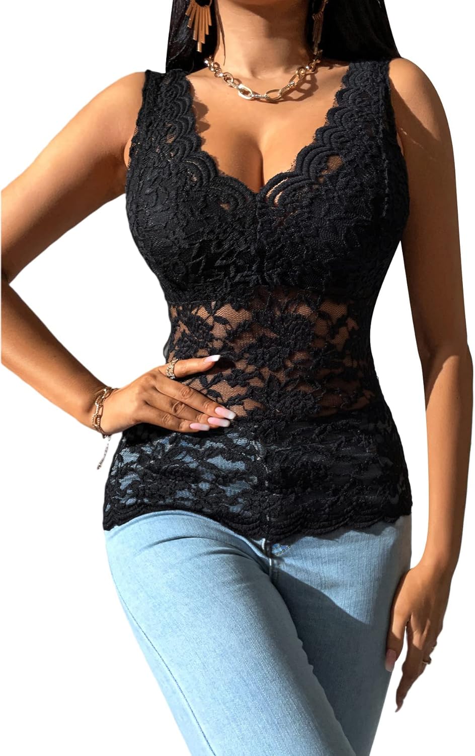 OYOANGLE Women's Sleeveless Mesh Floral Lace Scallop V Neck Backless Tank Top Blouse