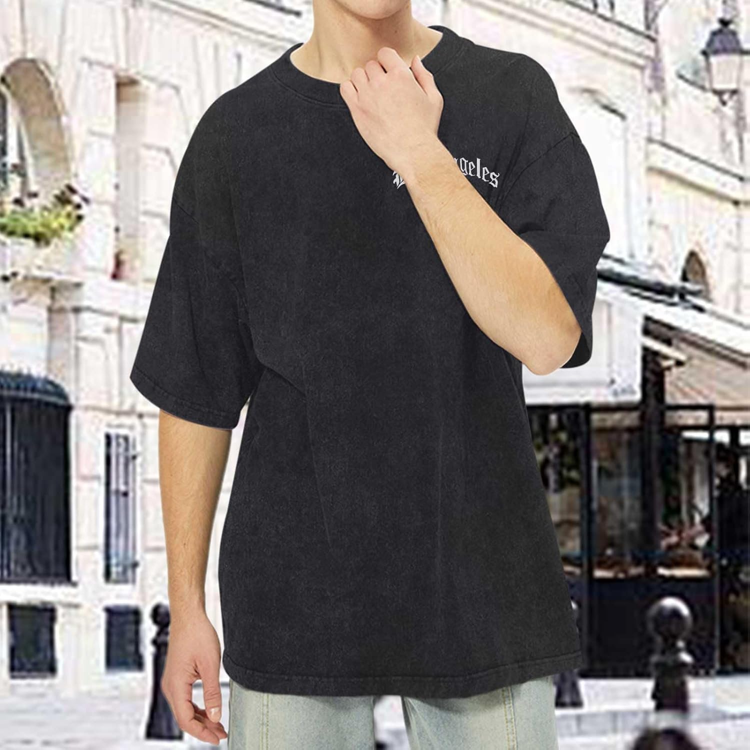 Bobeutou Oversized Vintage Graphic Tees for Men Los Angeles Shirt Acid Wash Tshirt Letter T-Shirt Grunge Crew Neck Tops - Image 5