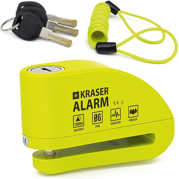 KRASER KR6Y Antivol Moto, Bloque Disque Alarme 110db, Renforcé, 3 clés (2 autres) Serrure Haute Sécurité, Étanche, Câble Rappel 1.5m, Sac, Piles Rechange, Bloc Frein 6mm Universel Moto Scooter Vélo - 1