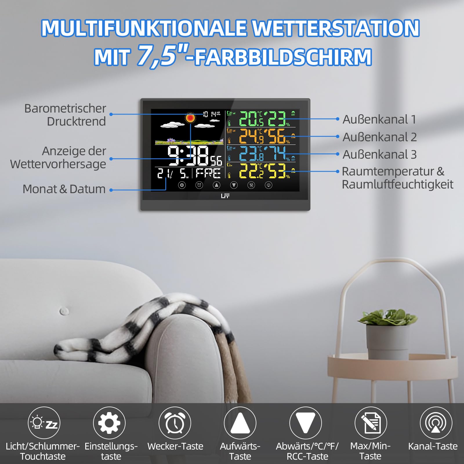 LFF Drahtlose Wetterstation, Funkwetterstation Indoor Outdoor mit Sensoren, Farbdisplay Digitale Atomuhr Innen Außen Thermometer Wireless, Vorhersage Station mit Einstellbarer Hintergrundbeleuchtung