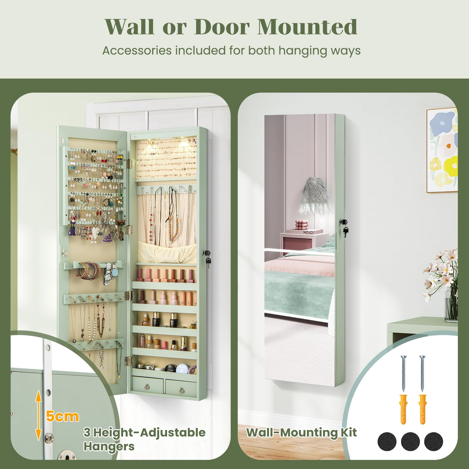 GOPLUS Espejo Joyero de Pared con Luz LED, Cajones y Almacenamiento para Joyas, Verde