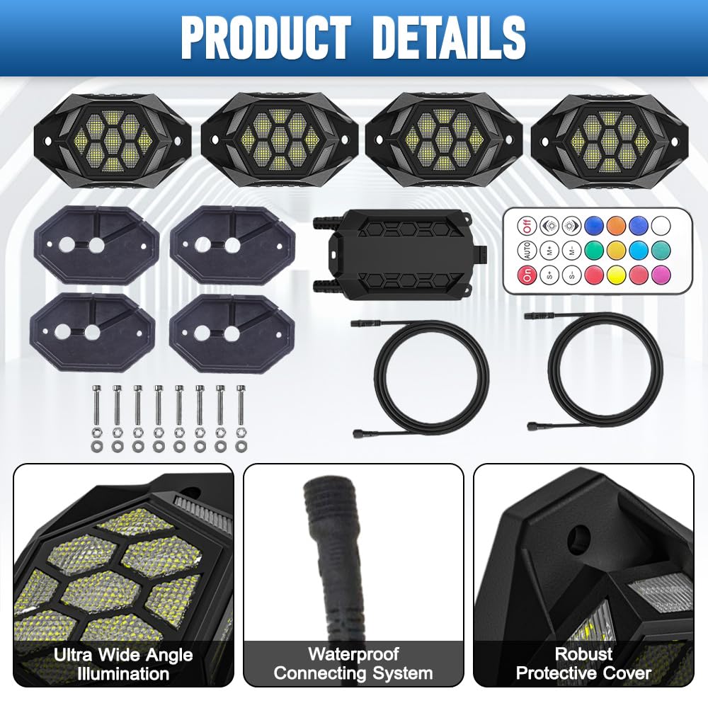 Riloer Zestaw świateł samochodowych 9-36 V RGB Rock Ambient LED, pilot zdalnego sterowania i aplikacja, kompatybilny z Jeepem, ciężarówką, SUV-em, ATV, UTV, motocyklem, 4 w 1