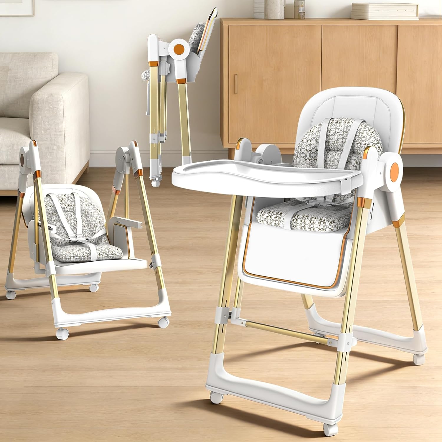 Foldable Baby High Chair with Swing, 3-in-1 Adjustable High Chair for Babies & Toddlers, Easy Clean PU Seat & Double Tray, High Chair with Wheels, Space-Saving Design, White