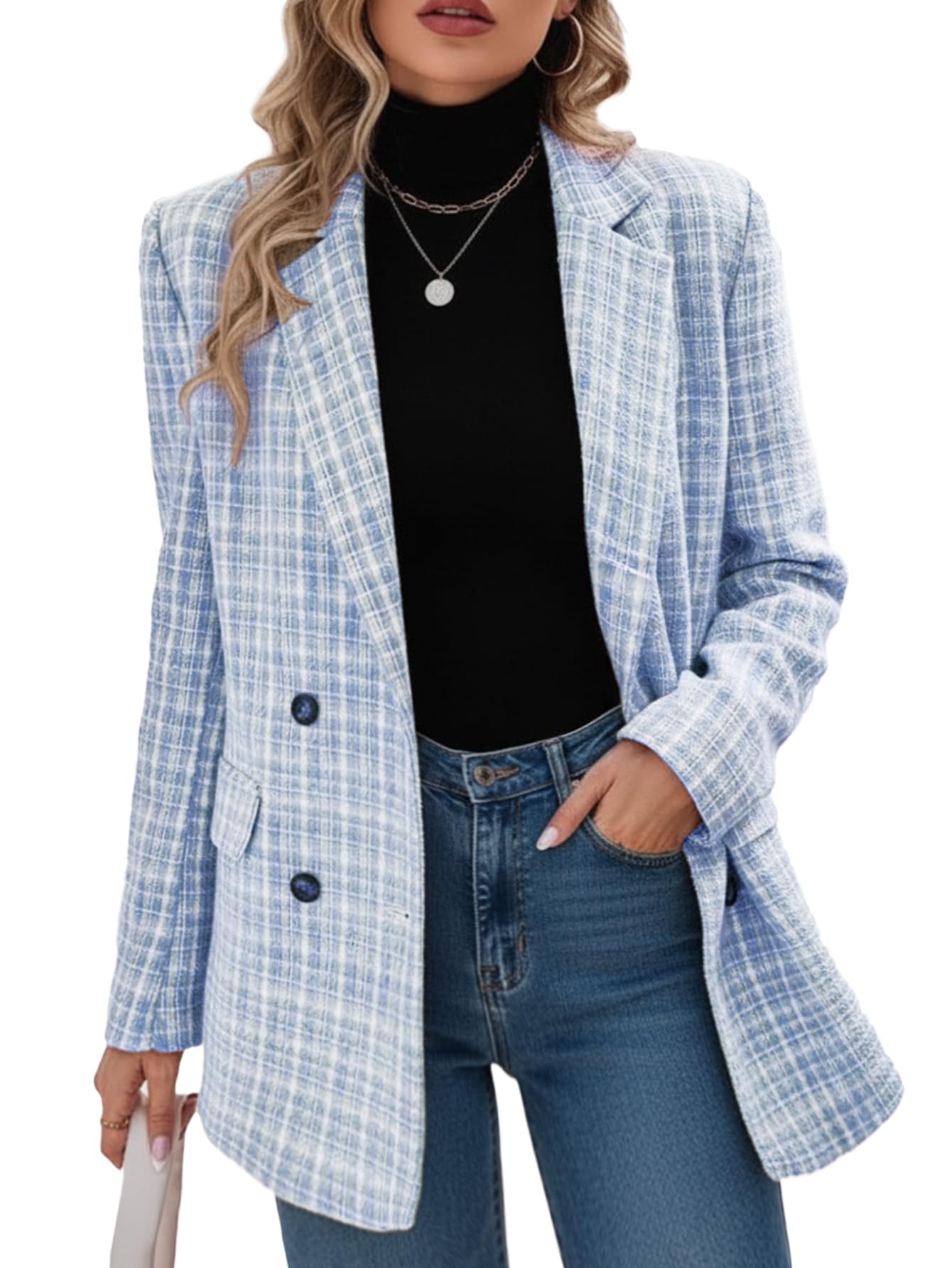 Mina Self Plaid Tweed Blazer Jacket for Women 2024 Fashion Elegant Open Front Casual Work Office Pocket Suit Coat(S-XXL)