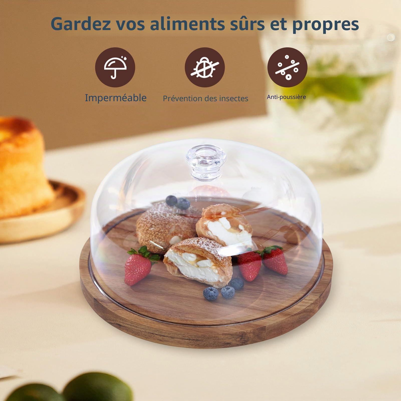 Support de Gâteau avec Couvercle de Dôme, 30cm/12in Présentoir à Porte-Gâteau en Bois, 2 en 1 Table D'affichage de Table de Dessert Carte de Charcuterie pour Assiette à Gâteaux et Pâtisseries