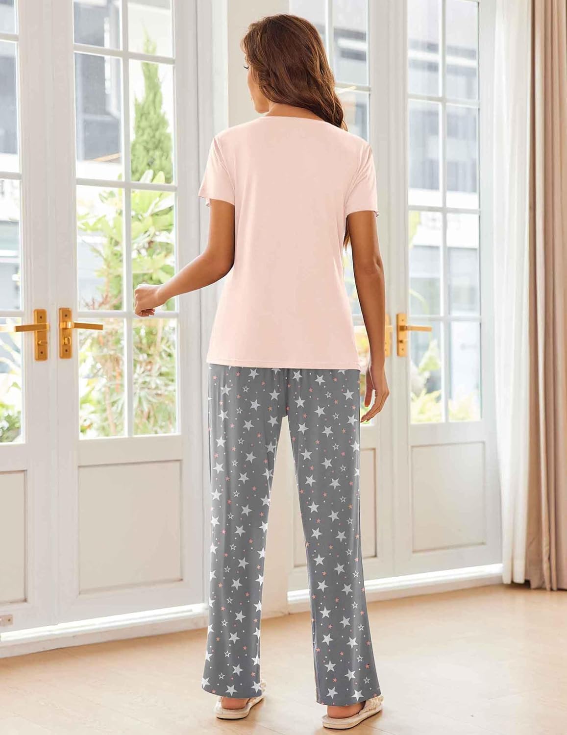 Ekouaer Pajama Sets for Women Short Sleeve Pj Set V Neck Sleepwear Chest Pocket with Long Pants Casual Loose Loungewear - Image 7