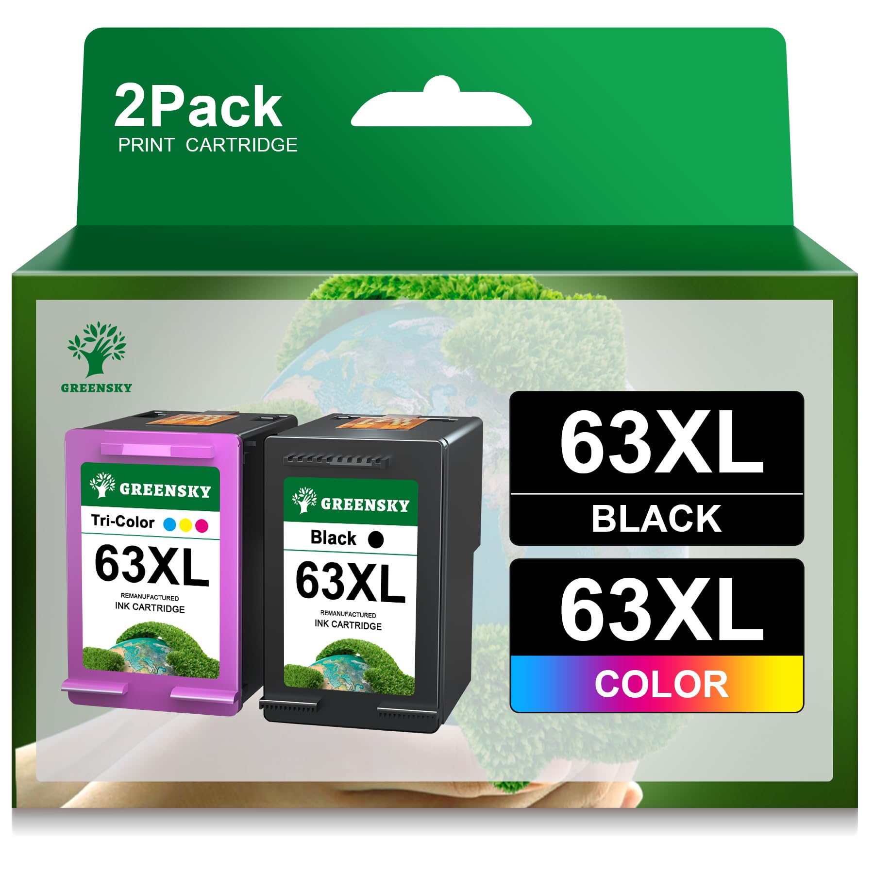 GREENSKY Cartouche d'encre remanufacturée pour imprimante HP 63 XL 63XL OfficeJet 3830 4650 5255 5258 Envy 4520 4512 4513 4516 DeskJet 1112 3630 3632 3634 1110 2130 Noir 1 Tricolore