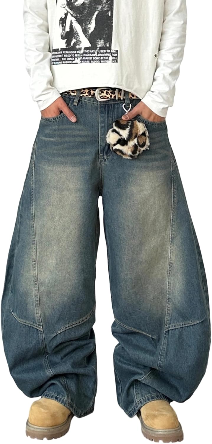 Mens Baggy Jeans Mid Waist Washed Denim Pants Irregular Sutures Trousers Wide Leg Jeans with Pockets
