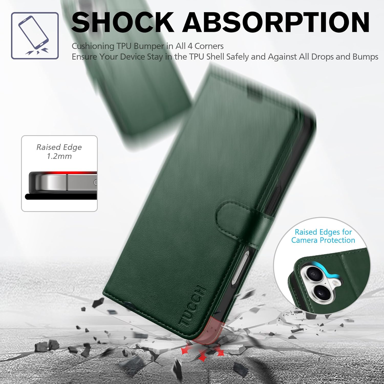 TUCCH Case Wallet for iPhone 16, Protective [TPU Shockproof Inner Shell], Kickstand PU Leather RFID Blocking [4 Card Holder] Magnetic Closure Cover Compatible with iPhone 16 5G, Green