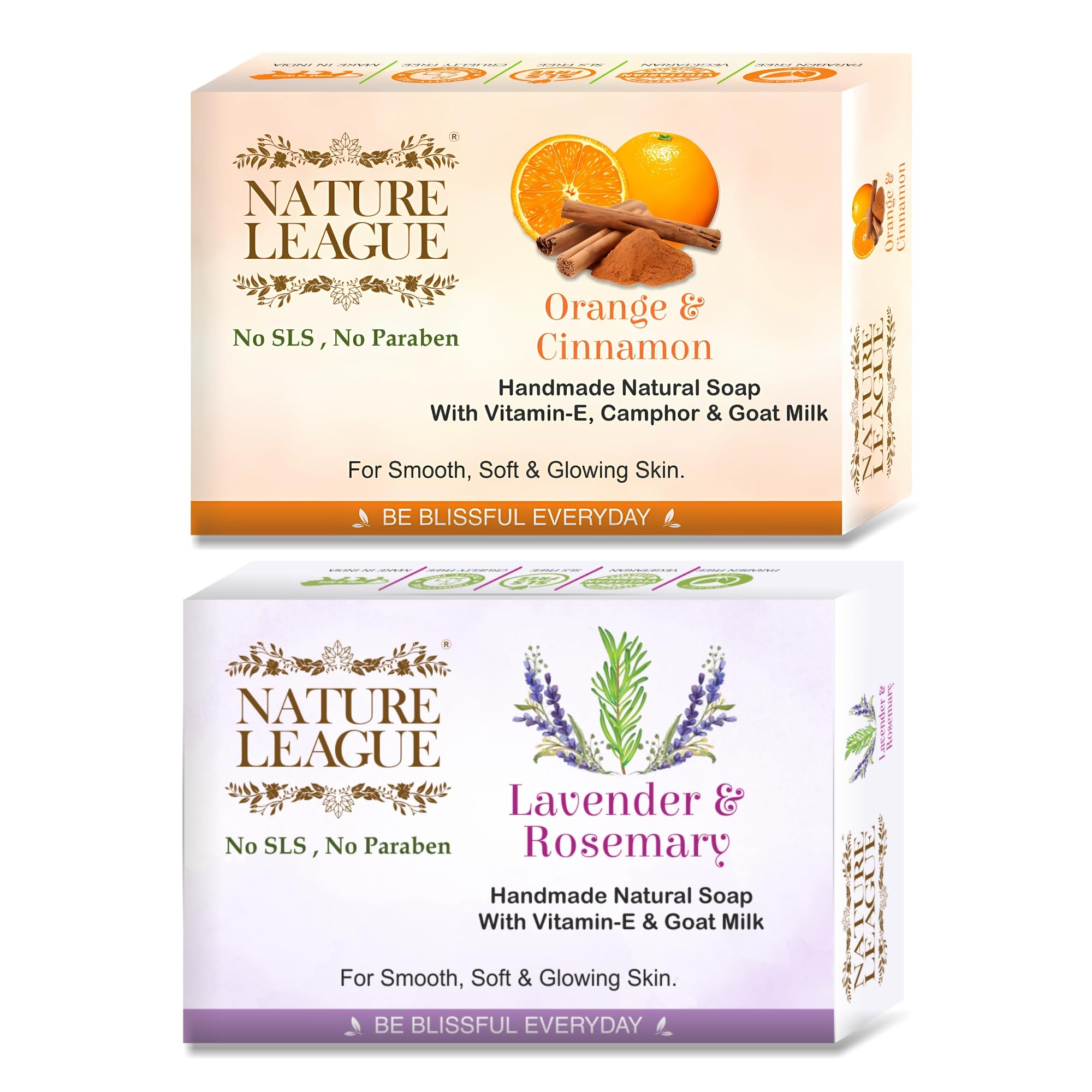 NATURE LEAGUE - Natural Skin Nourishing Bath & Body Combo of Handmade Soaps, Made With Natural Oils, Goat Milk, Camphor, Vitamin-E, With Captivating Fragrance, SLS & Paraben Free, Pack of 2 (200 gms)